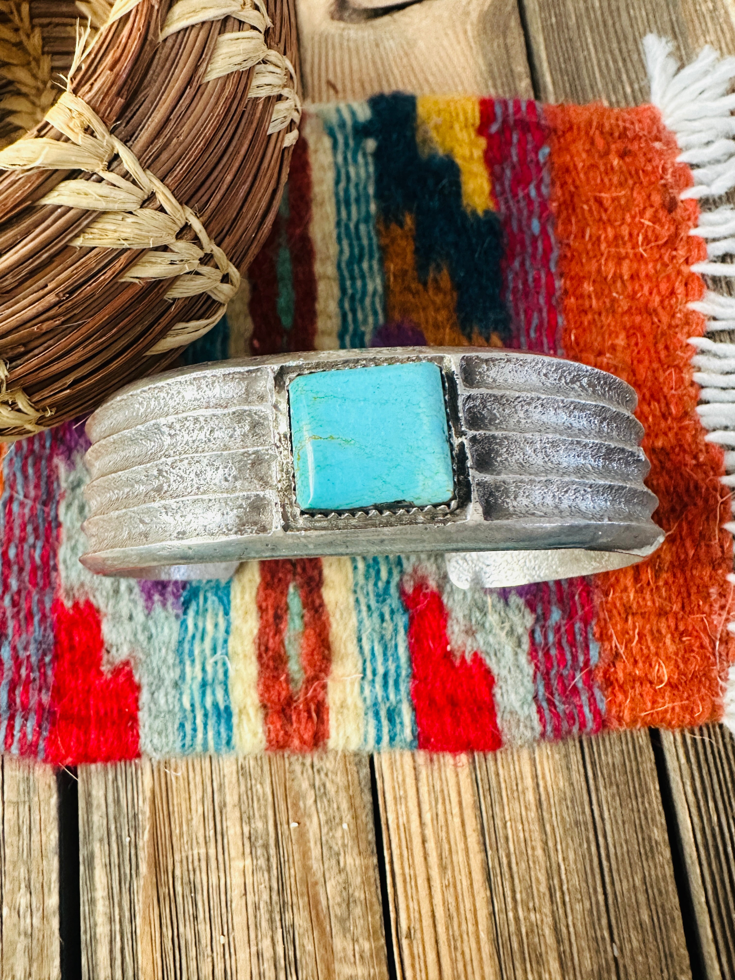 Handcrafted Old Pawn Turquoise & Sterling Silver Cuff Bracelet by Raymond Betsoi