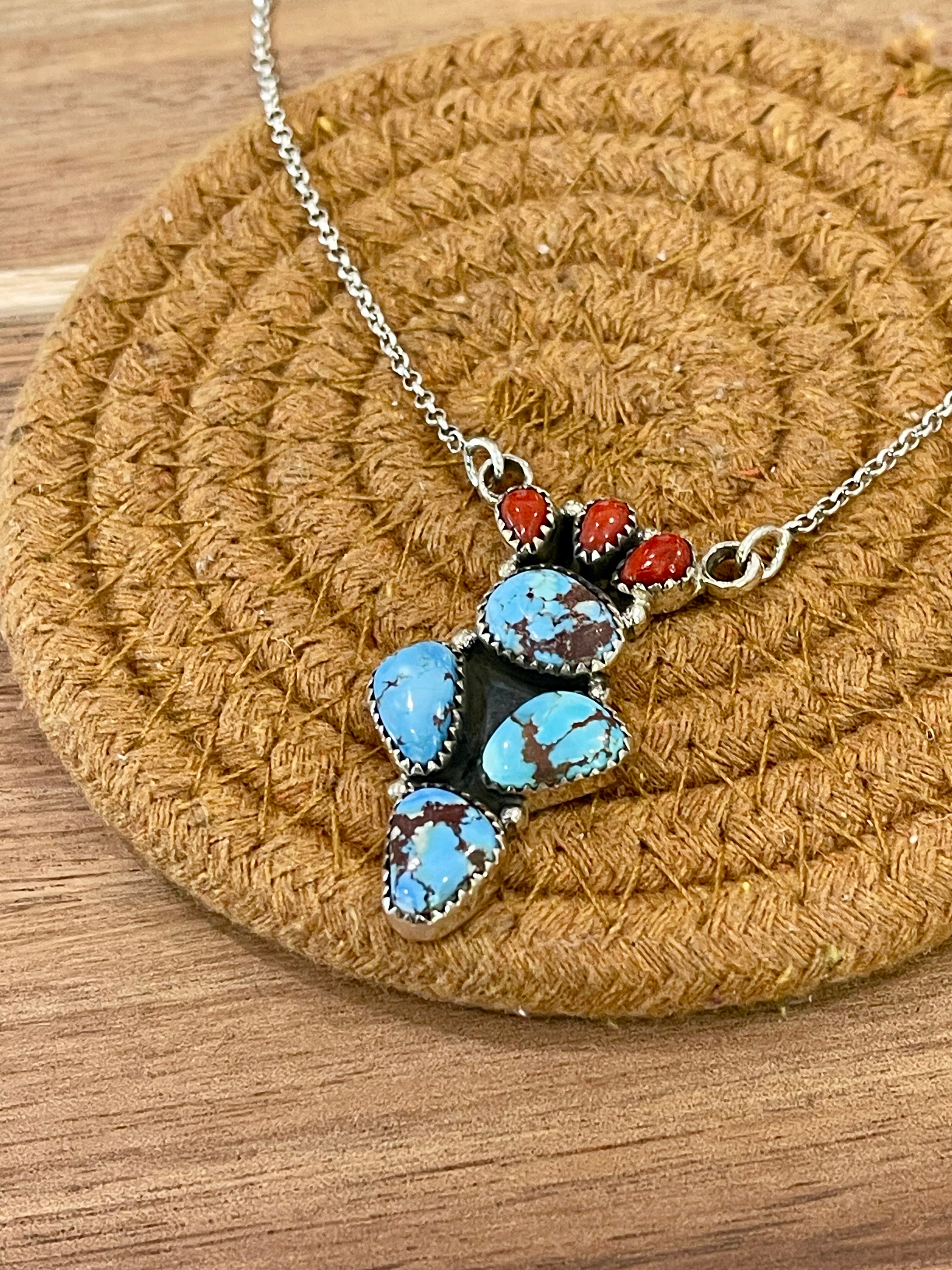 Handmade Sterling Silver, Golden Hills Turquoise & Coral Necklace Signed Nizhoni