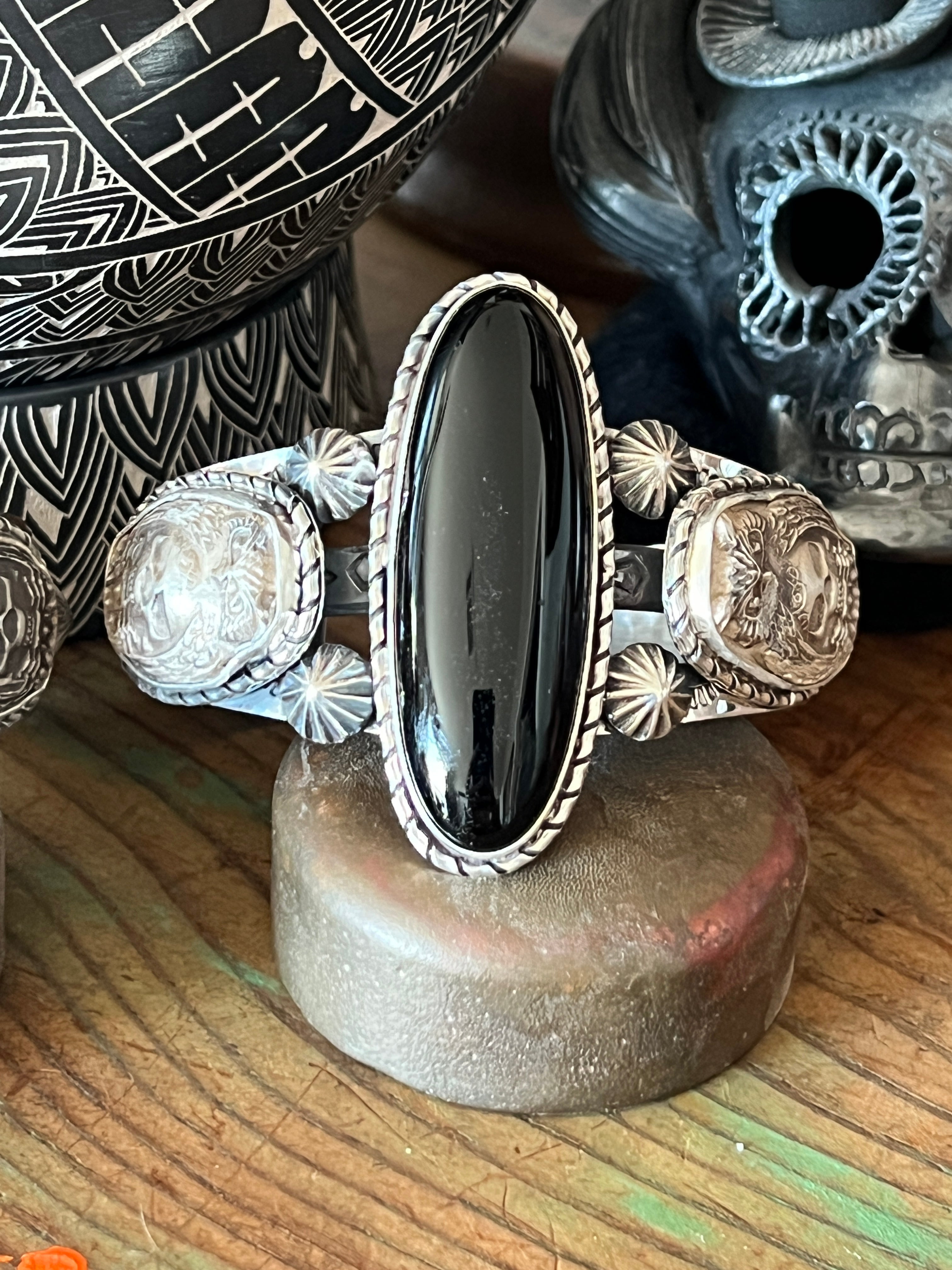 Sterling Silver Handcrafted Cuff Bracelet with Onyx, Owl and Skull Detail, Taller Stone