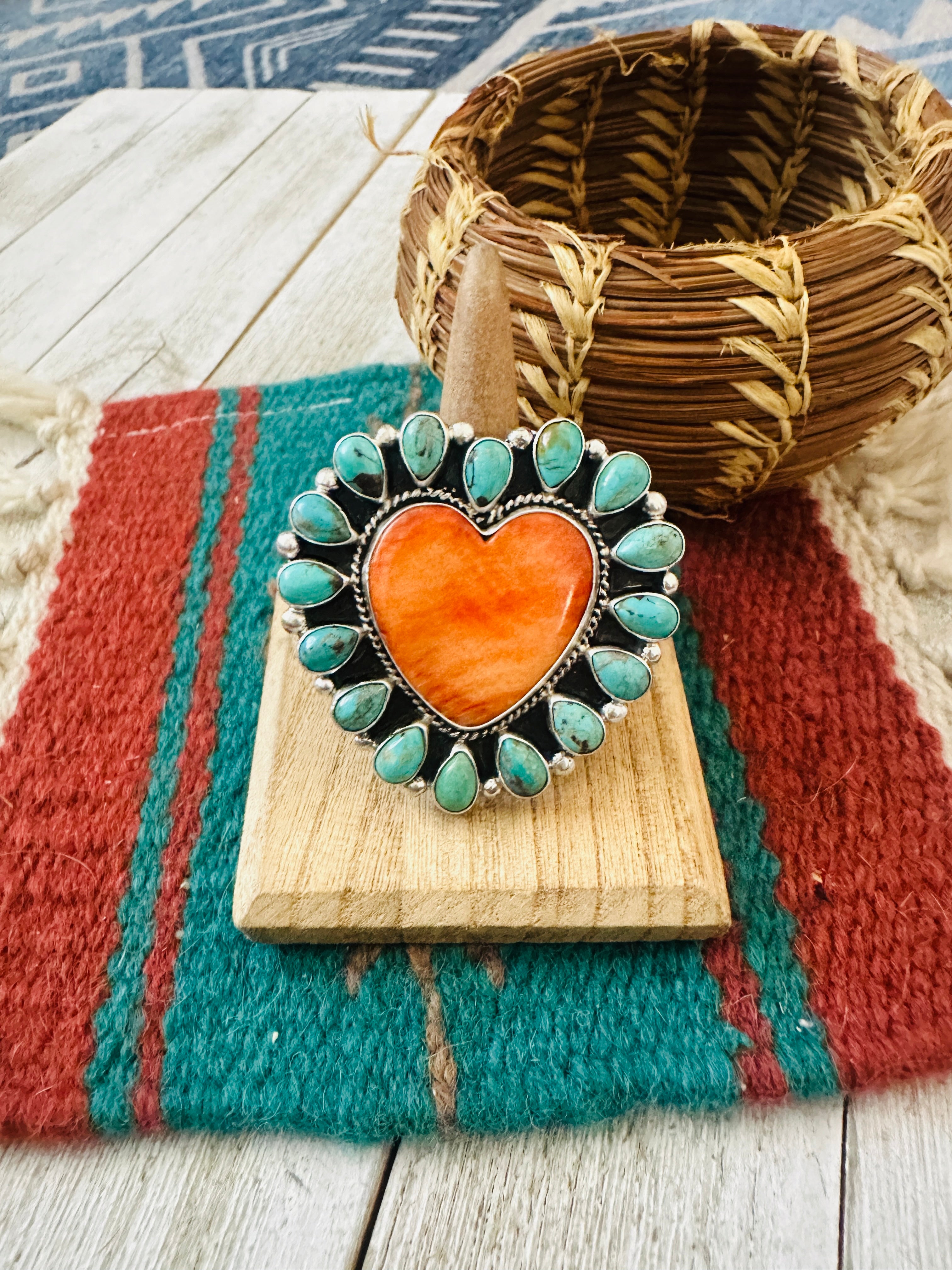 Handcrafted Sterling Silver, Spiny & Turquoise Cluster Adjustable Heart Ring