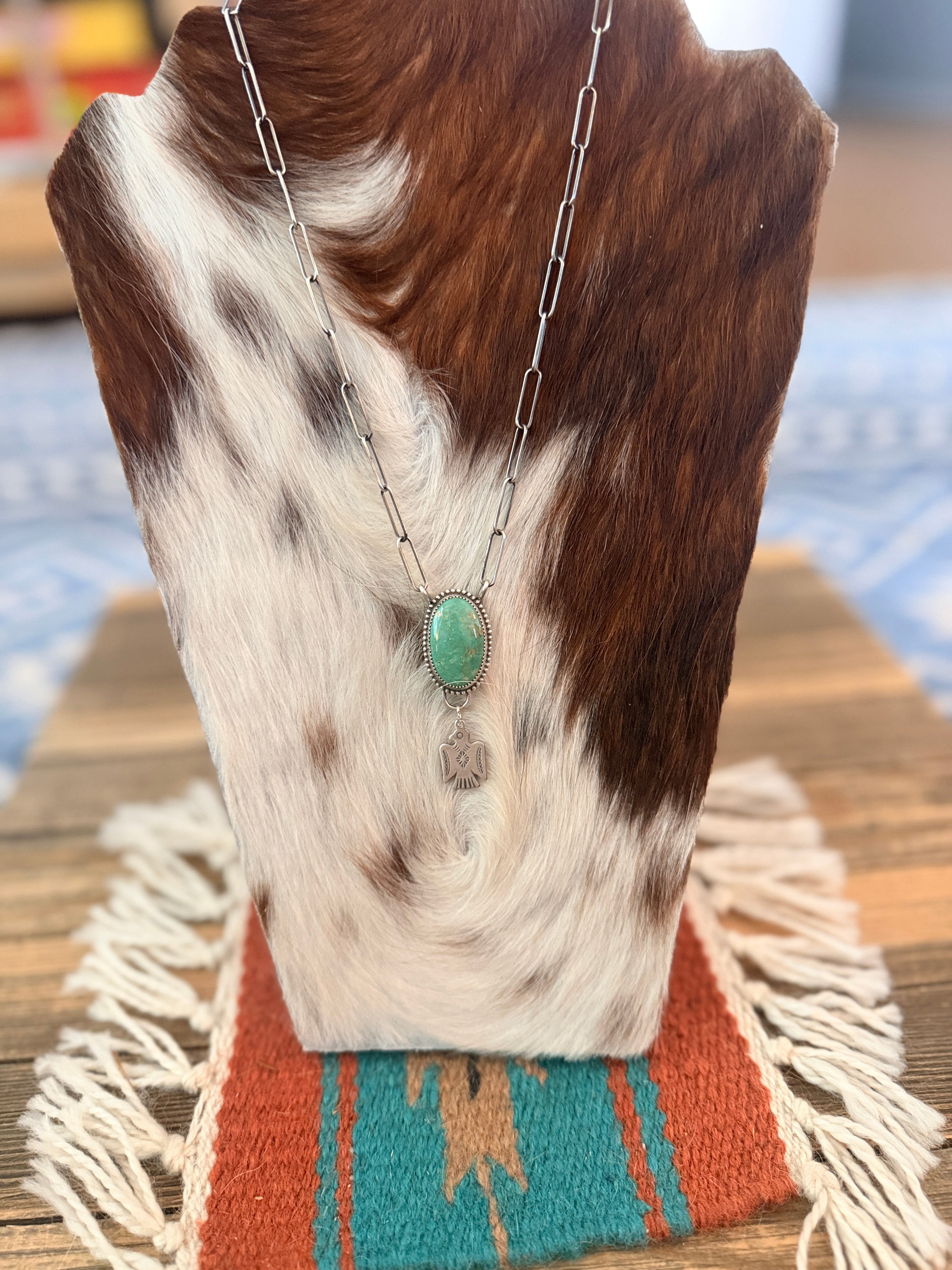 Handmade Sterling Silver & Tyrone Turquoise Thunderbird Necklace