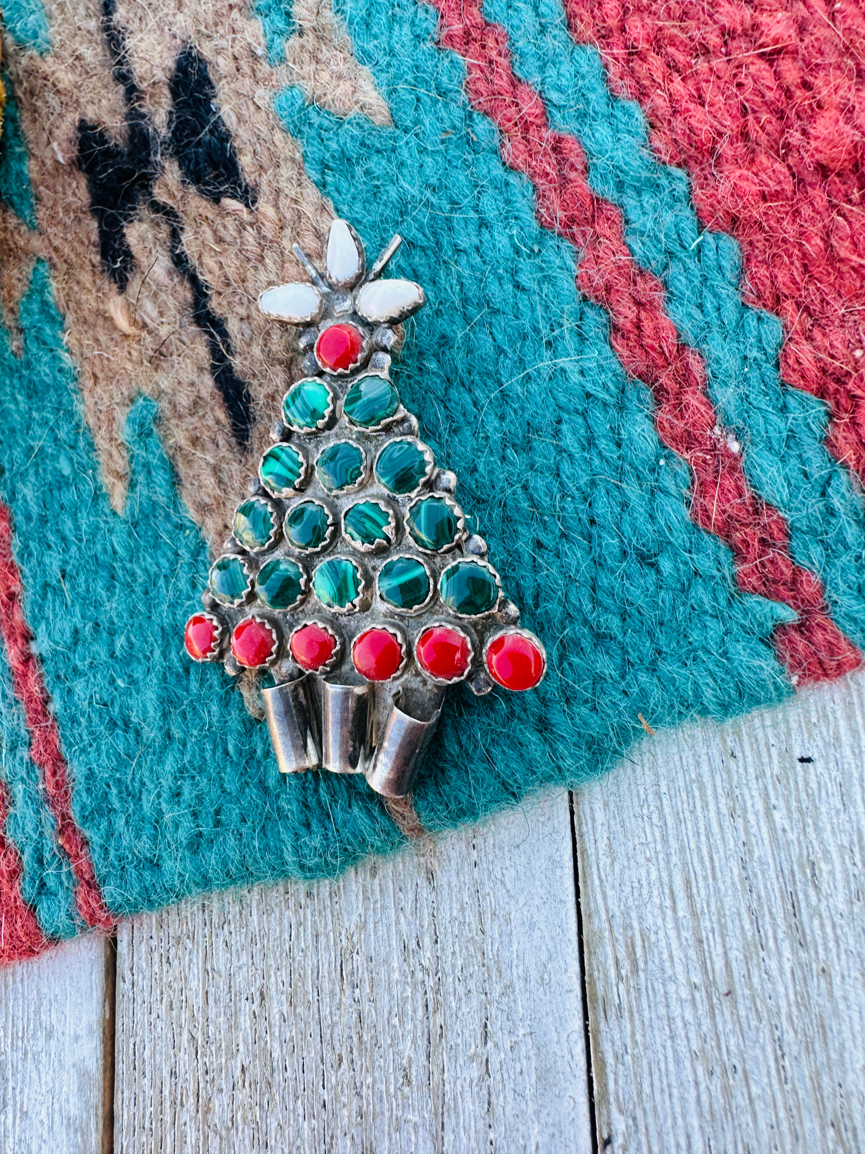 Handcrafted Old Pawn Sterling Silver & Multi Stone Christmas Tree Brooch