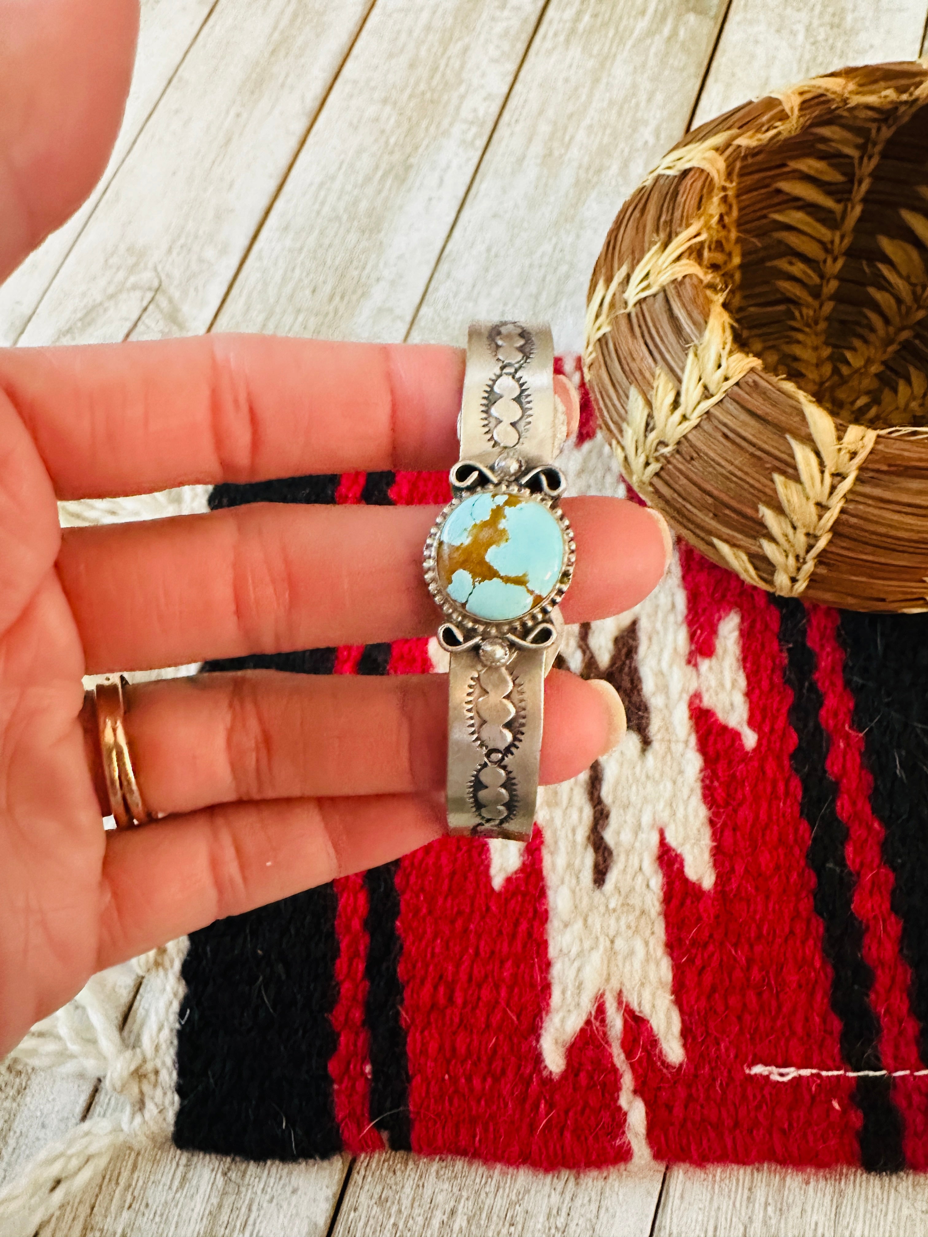 Handcrafted & Hand Stamped Sterling Silver & Turquoise Cuff Bracelet