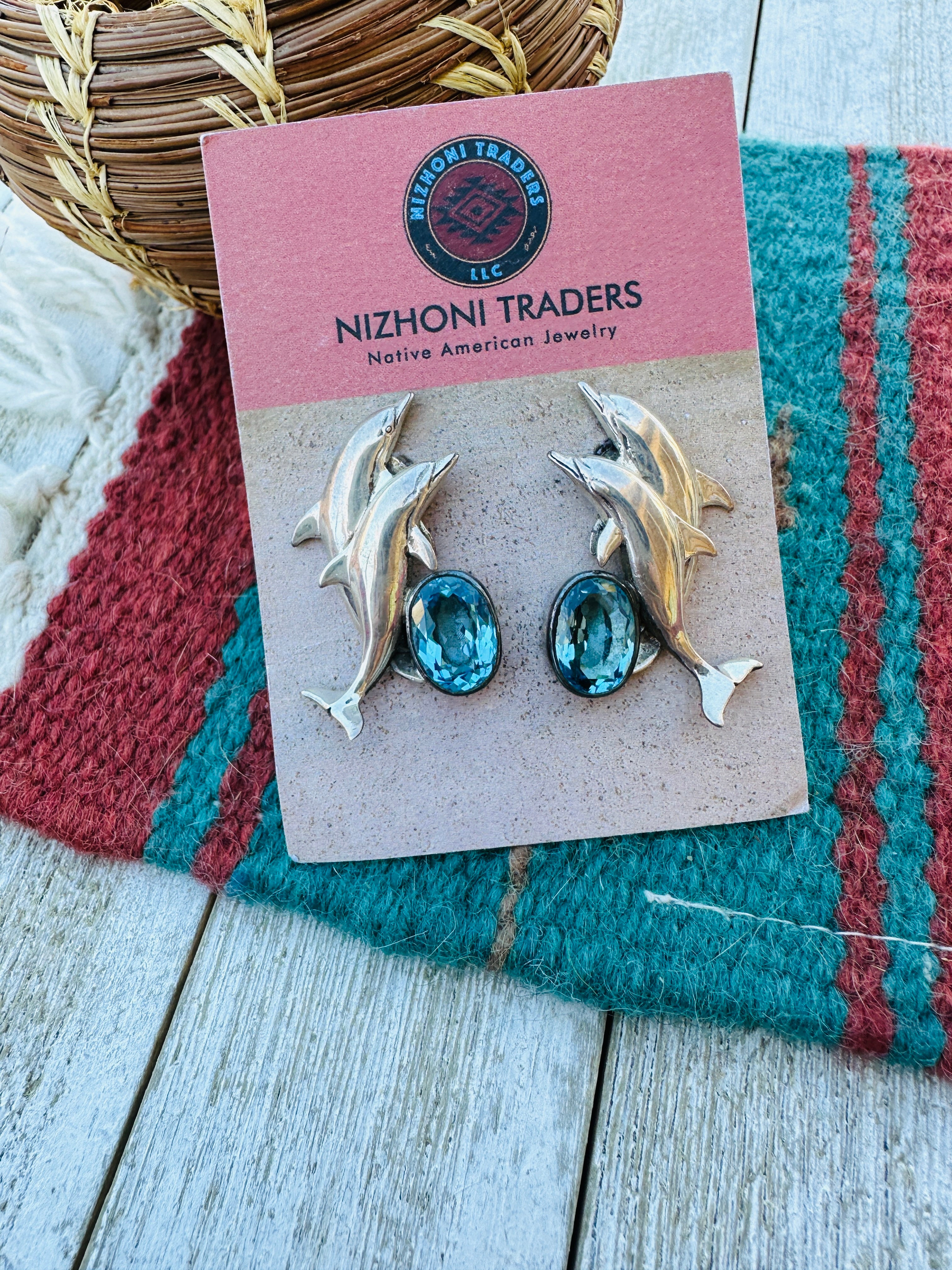 Handcrafted Old Pawn Sterling Silver and Topaz Dolphin Post Earrings