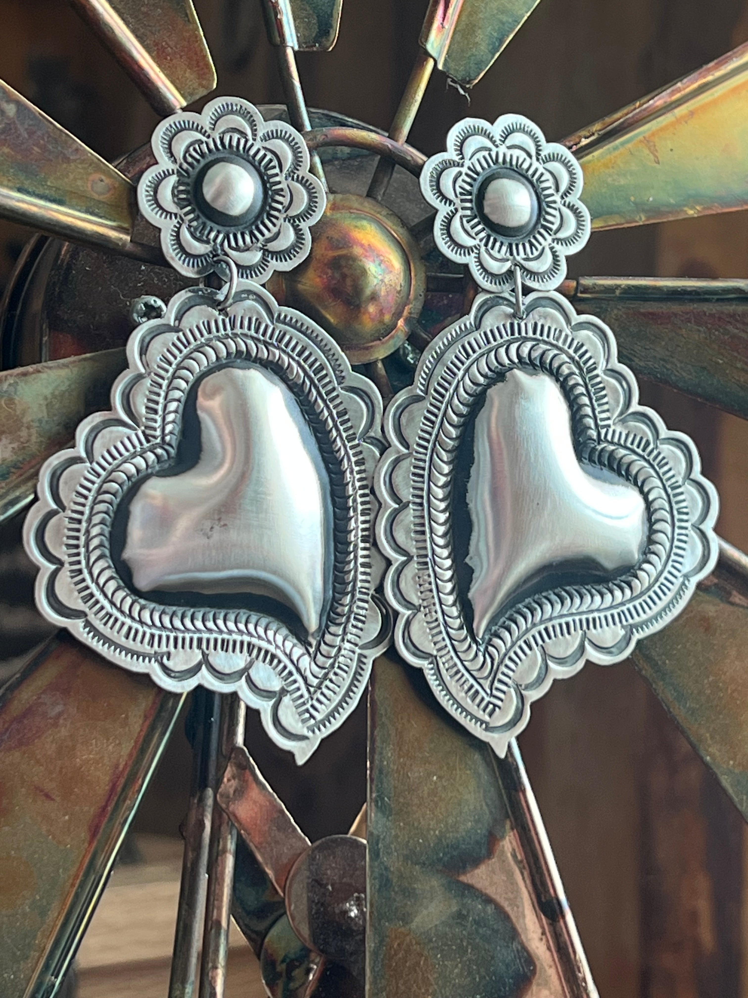 Handcrafted crafted Sterling Silver Stamped Repousse Heart Earrings by Leander Tahe, AH1