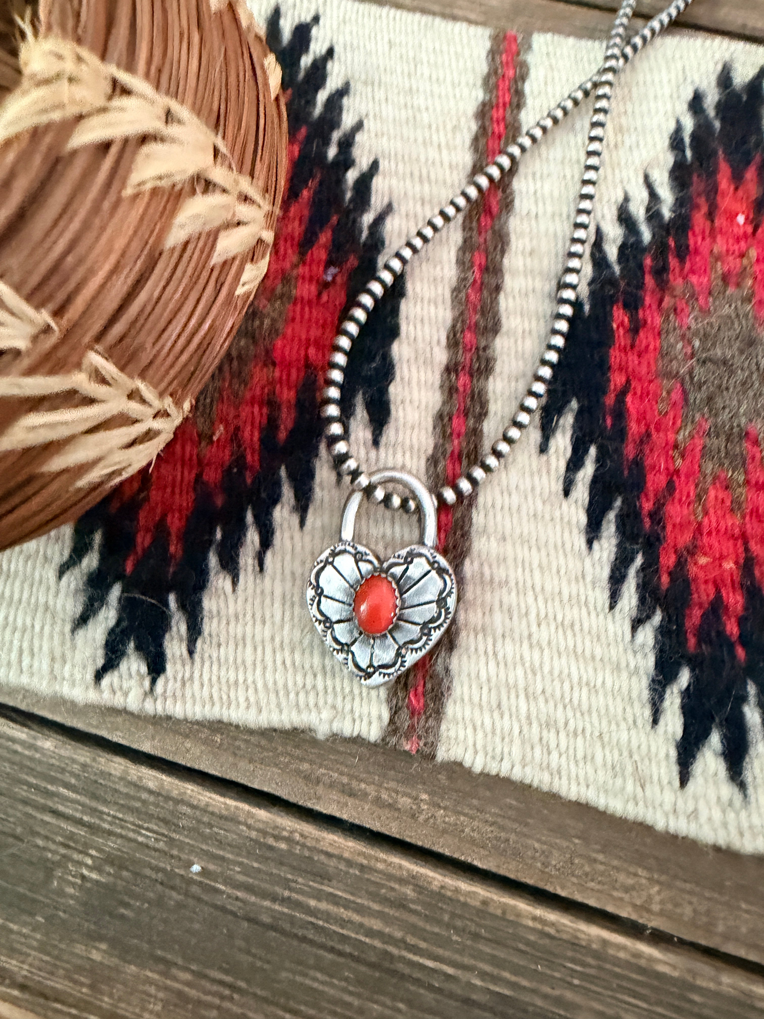 Handcrafted Sterling Silver & Coral Heart Locket Pendant