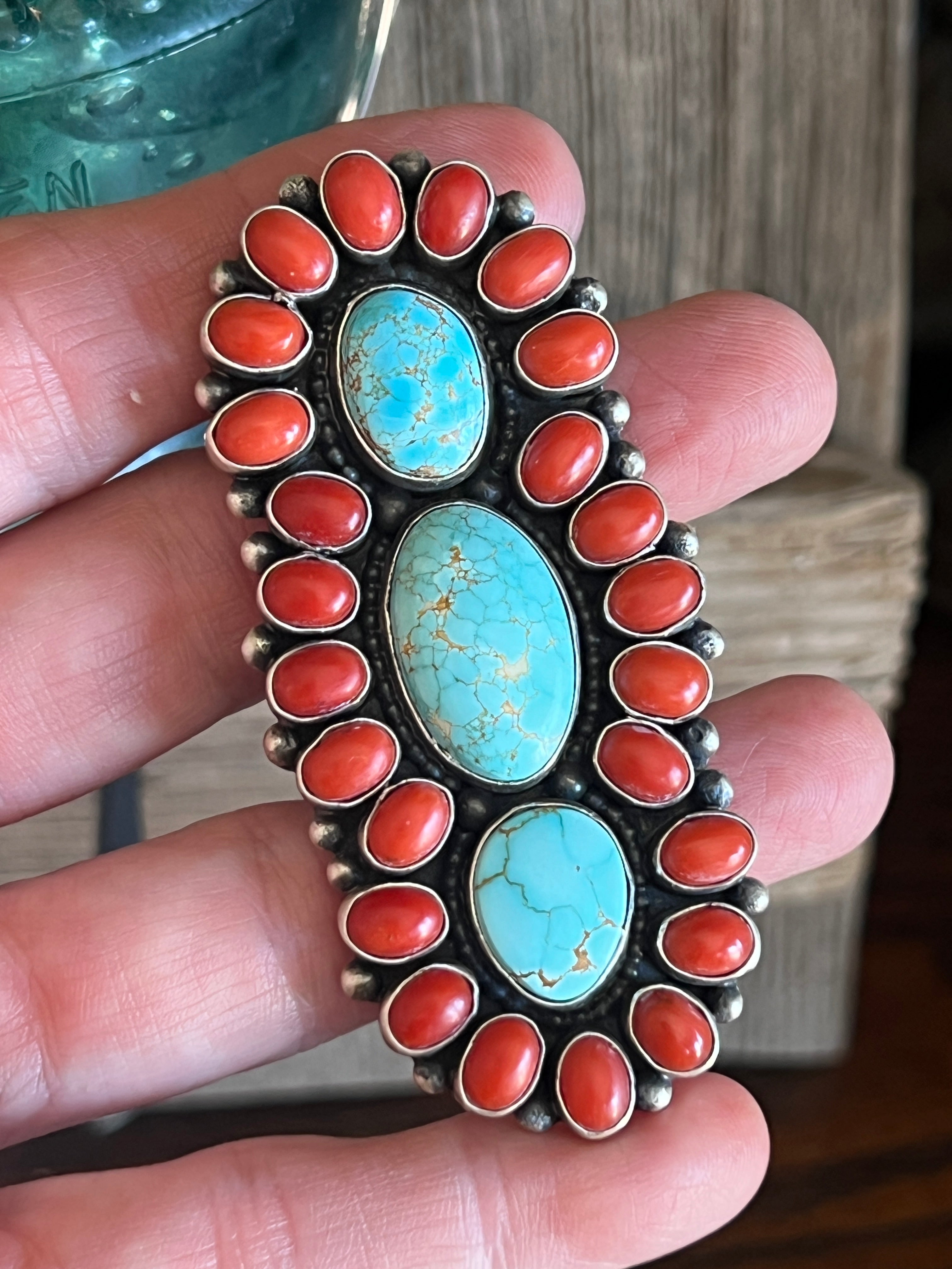 Handcrafted Sterling Silver, Coral and Number 8 Turquoise Ring by Darrin Livingston, Size 9