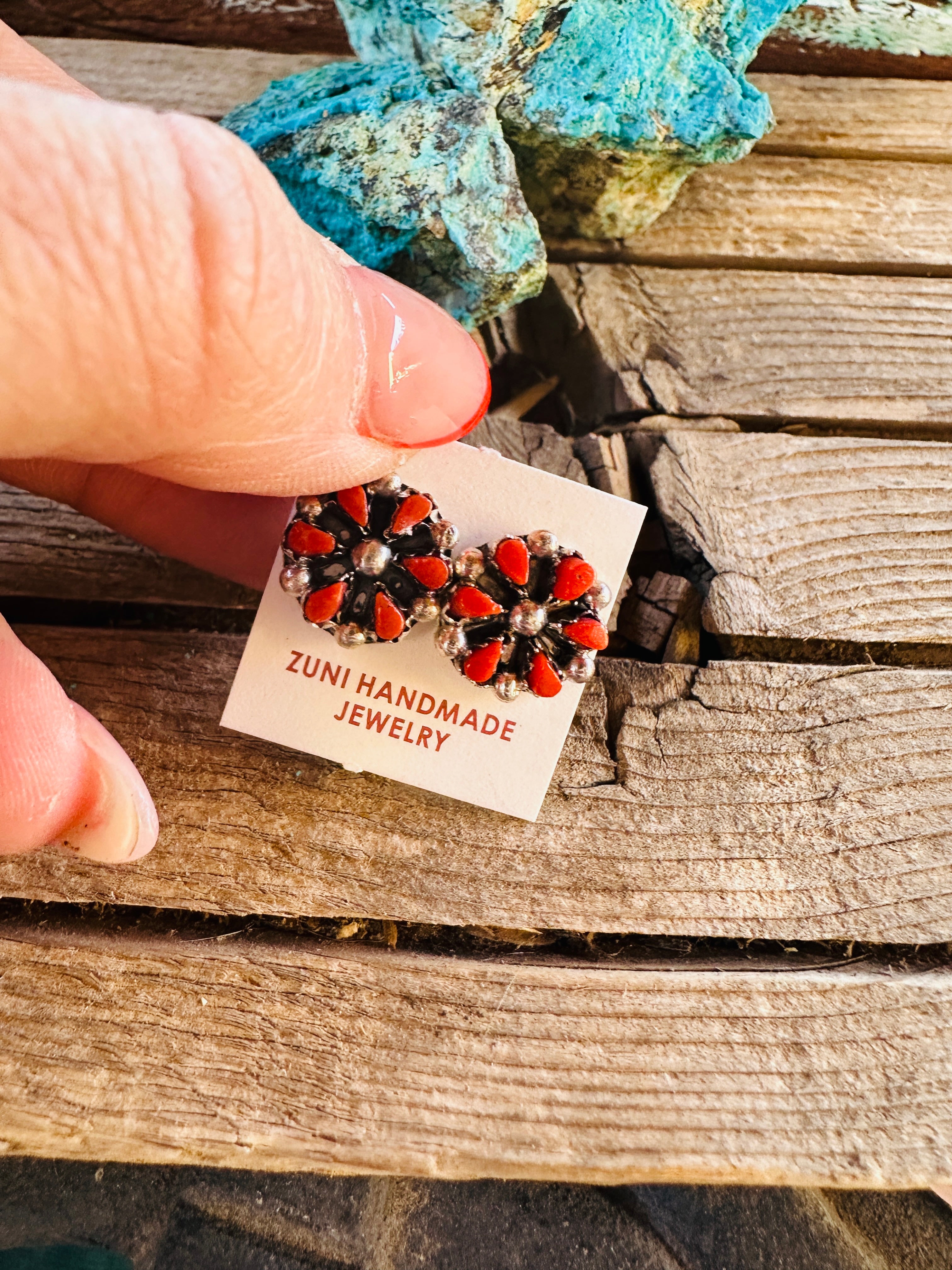 Handcrafted Sterling Silver & Coral Petit Point Stud Earrings