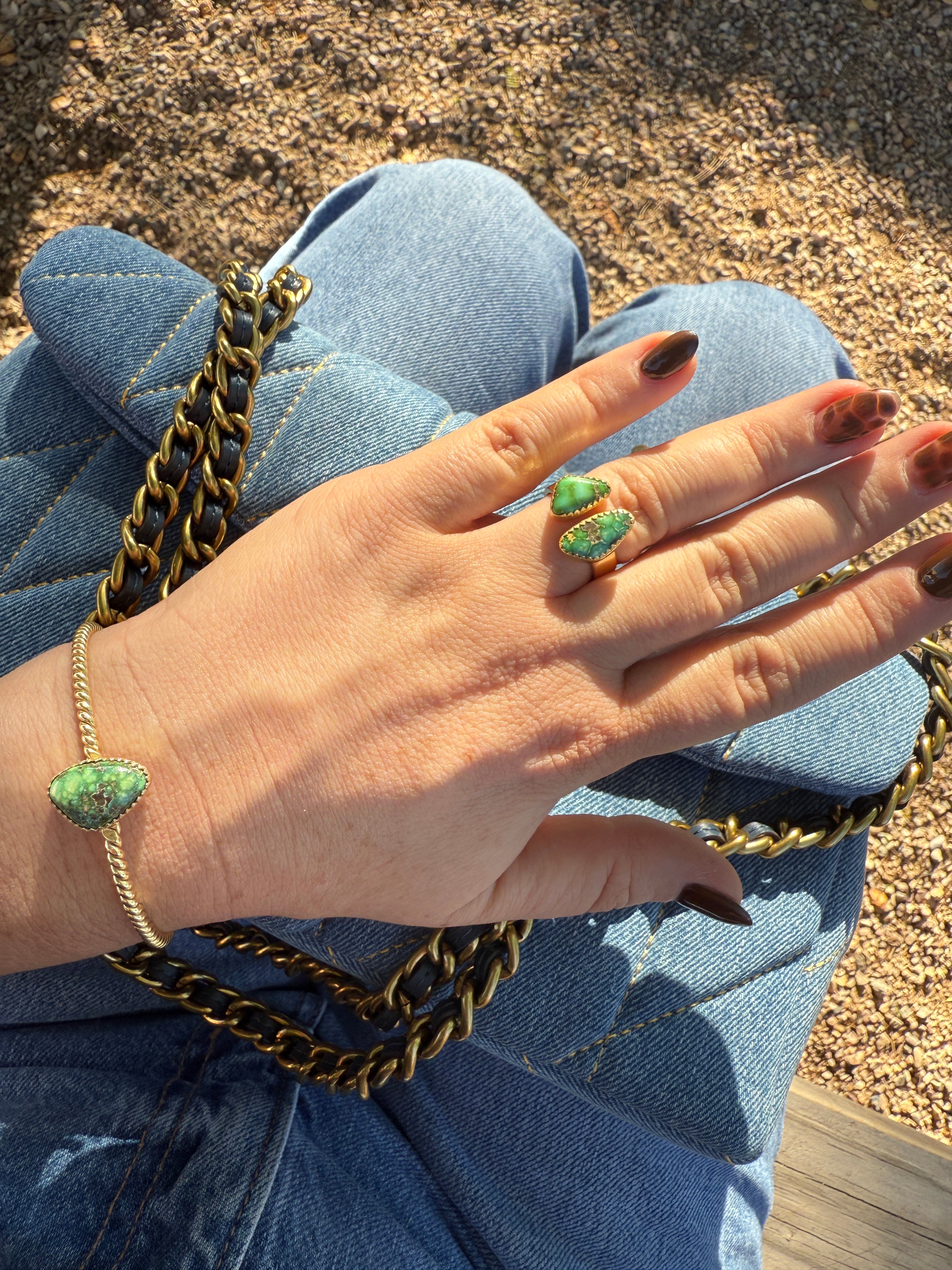 “The Golden Collection” Natural Sonoran Mountain Turquoise Adjustable Ring Gold Plated Sterling Silver