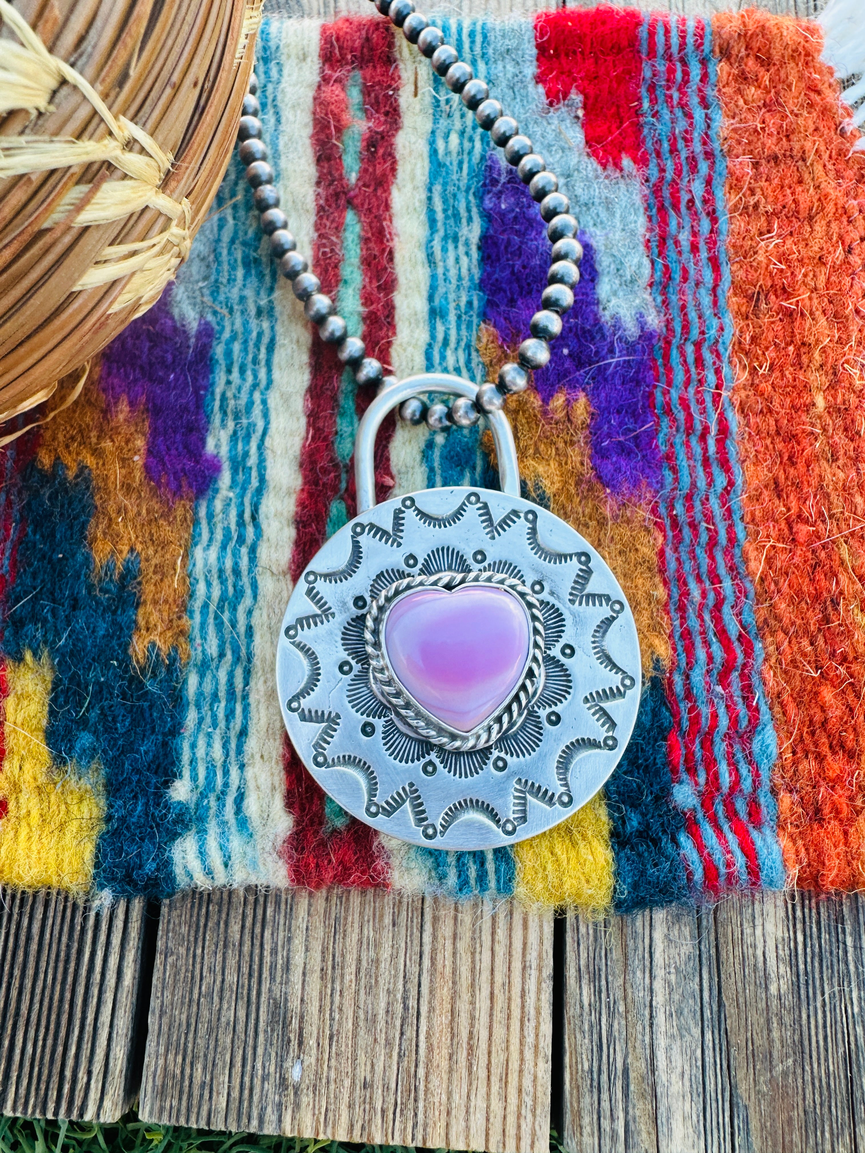 Handcrafted Queen Pink Conch & Sterling Silver Heart Locket Style Pendant by Charles Johnson