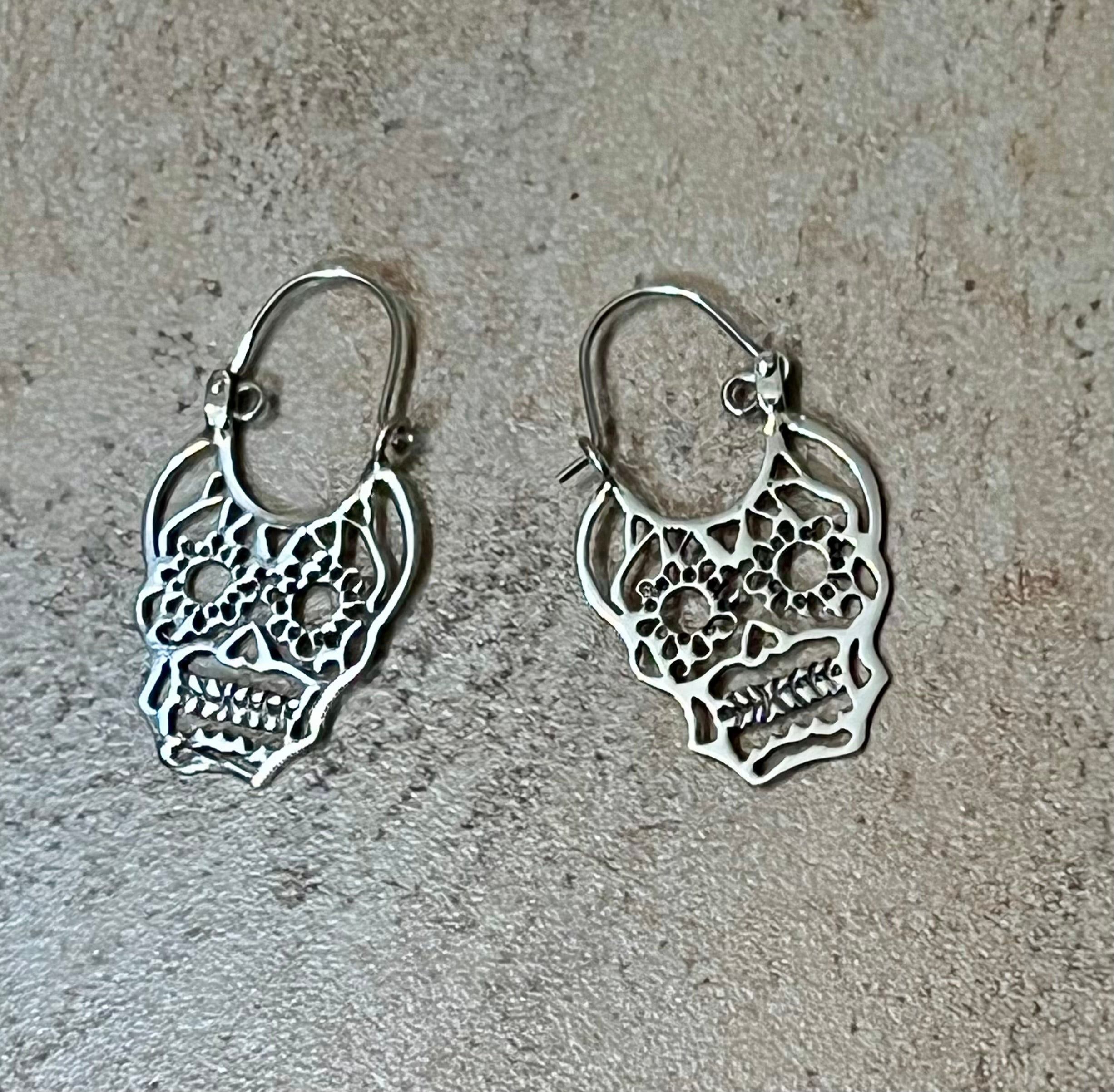 Sugar Skull Face Sterling Silver Earrings on Hoop Hook