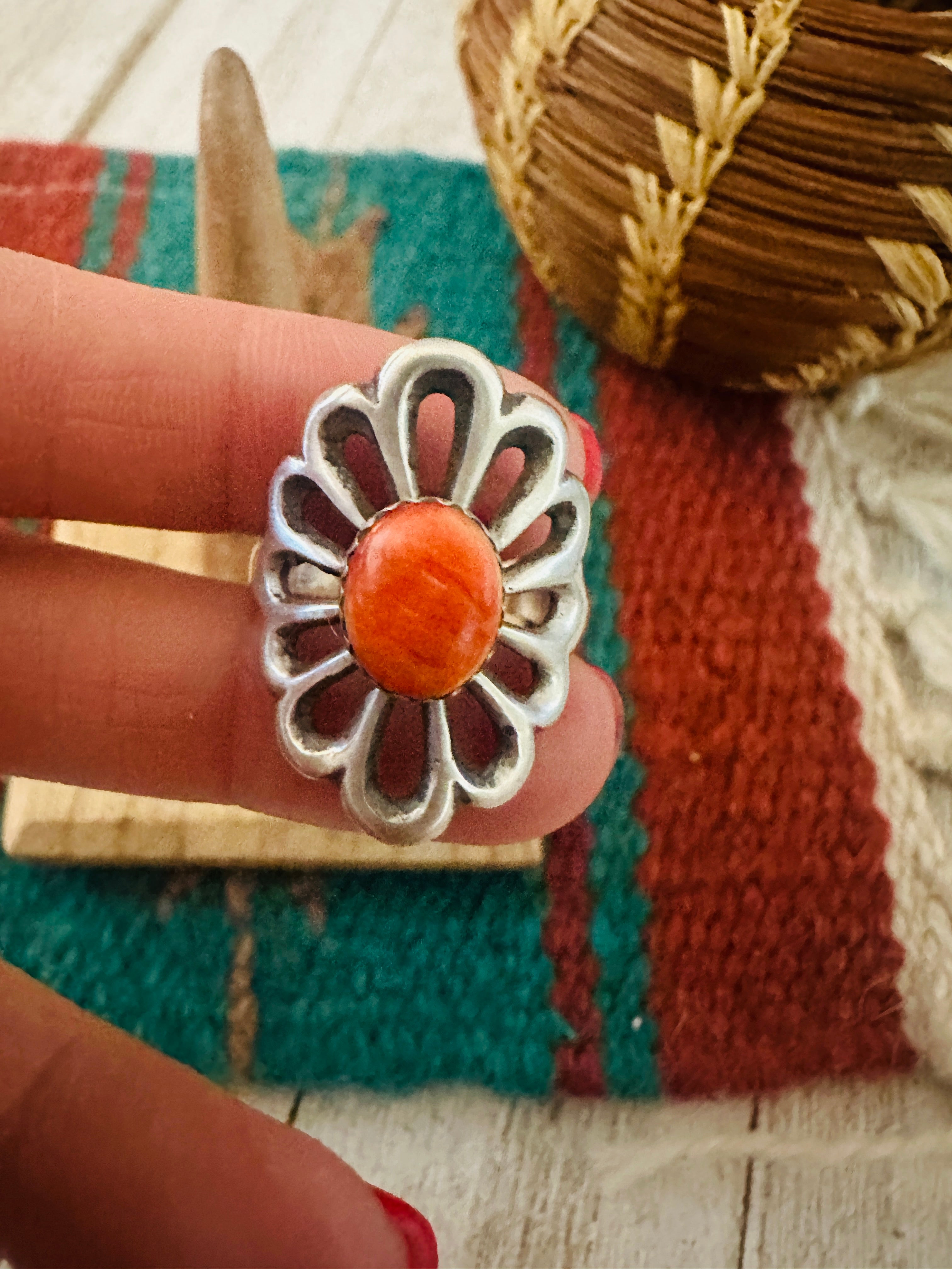Handcrafted Sterling Silver & Orange Spiny Flower Ring