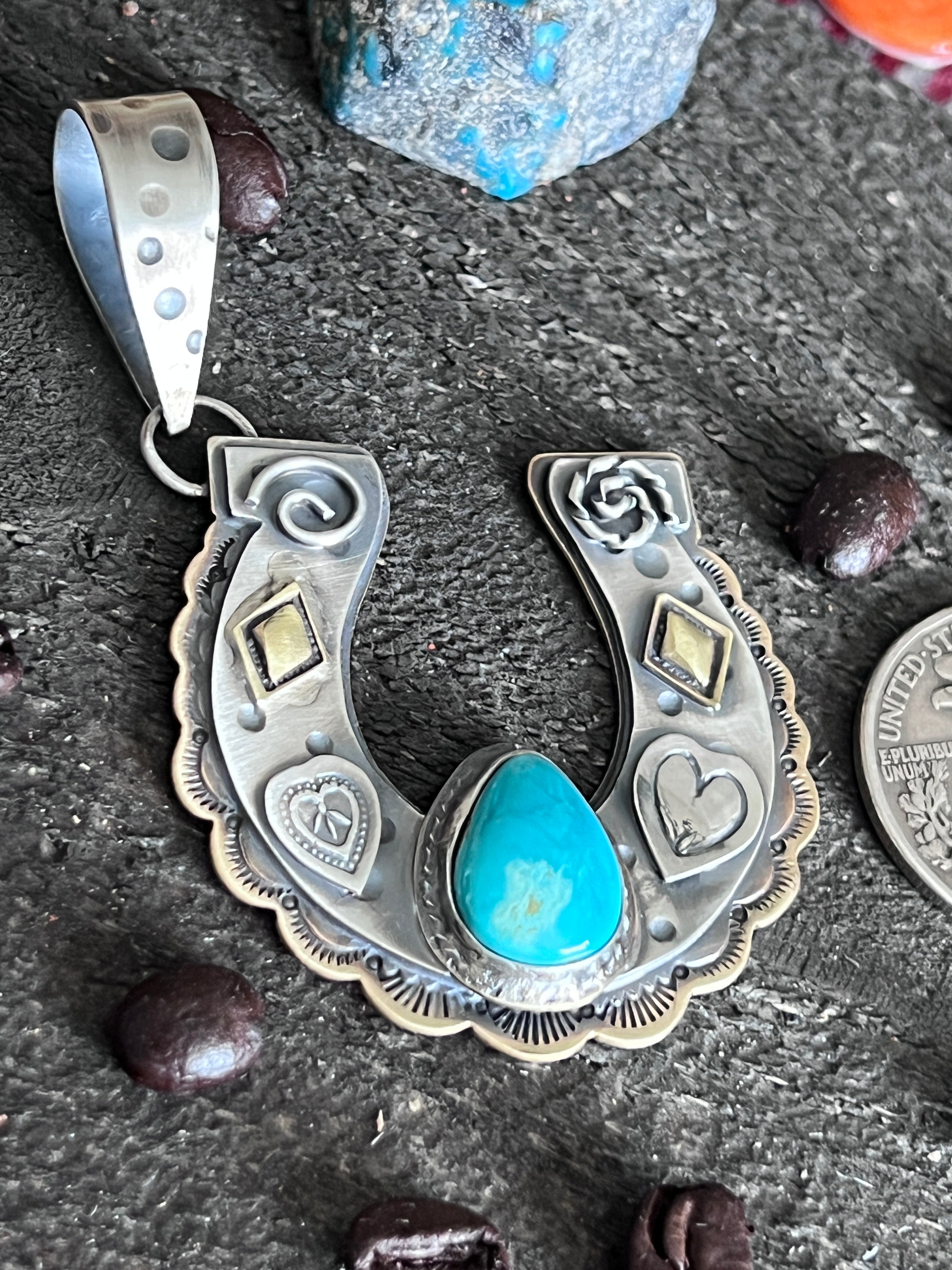 Kimari Somers Hand Stamped Sterling Silver Heart Motif Horseshoe Pendant with Brass & Royston Turquoise