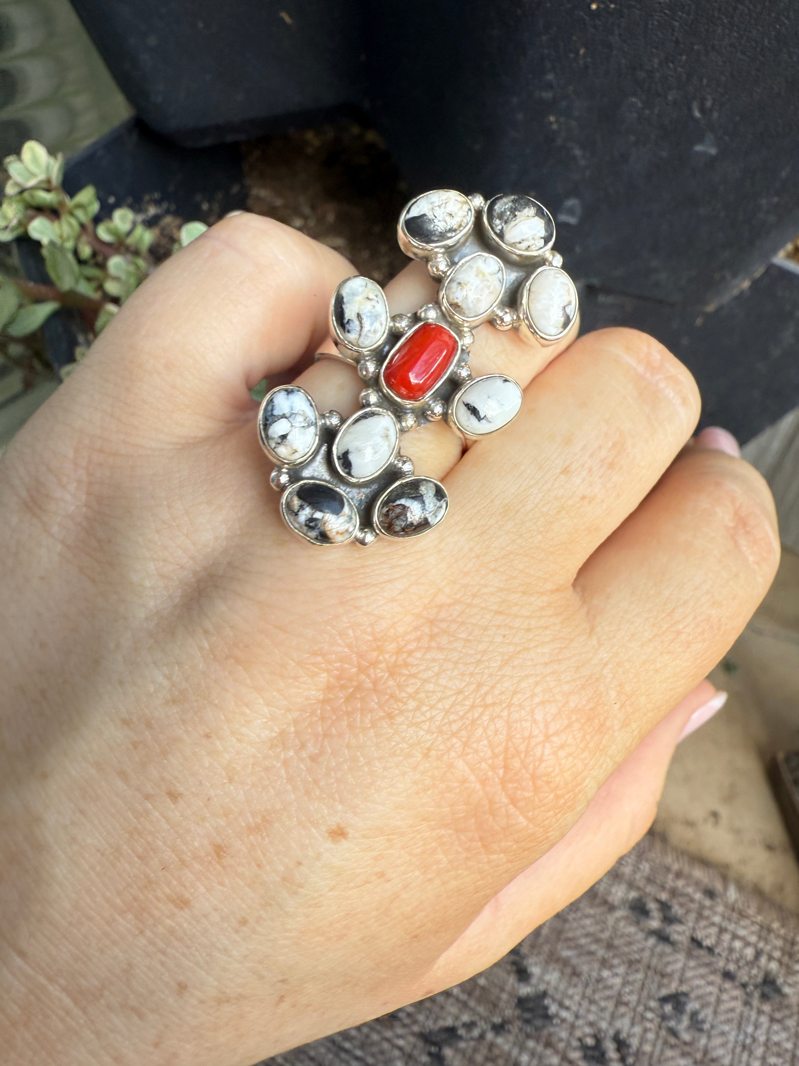 Handmade Coral, White Buffalo & Sterling Silver Adjustable Ring Signed Nizhoni