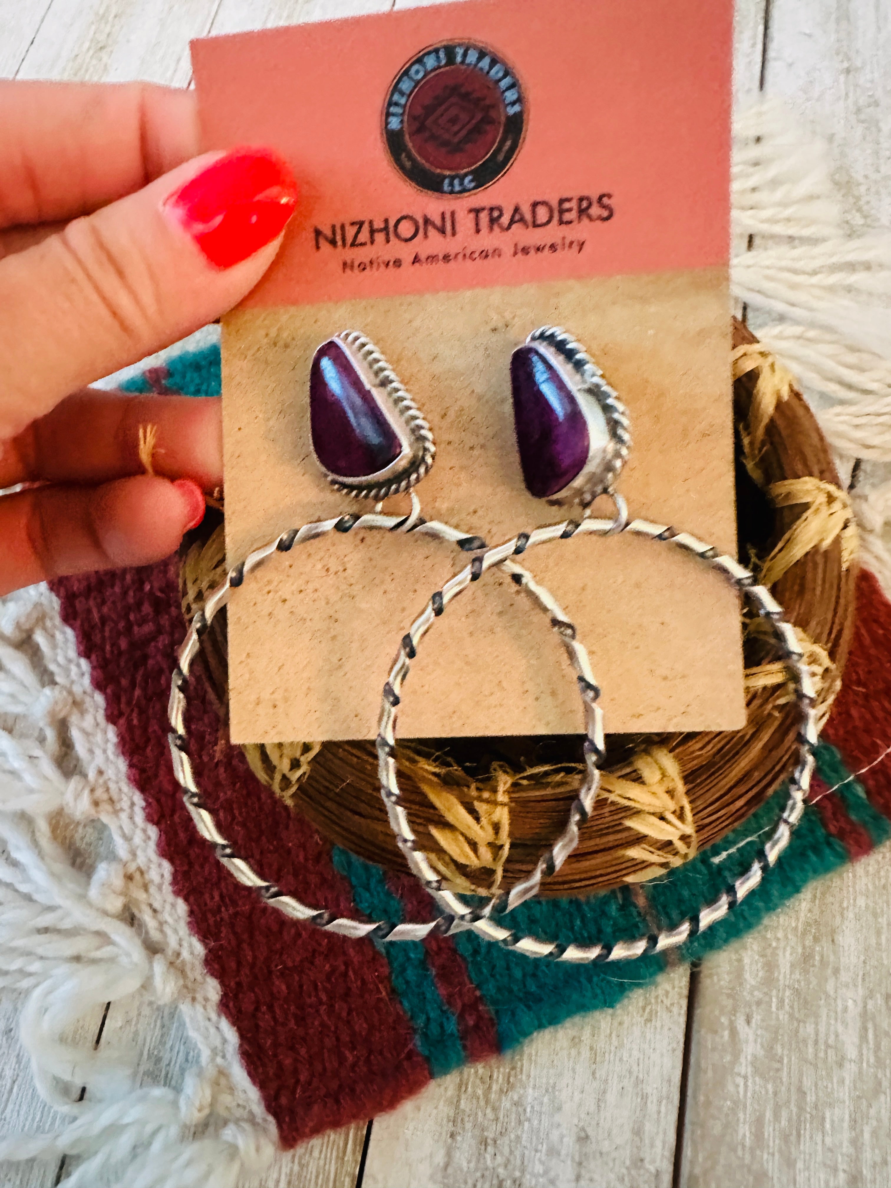 Navajo Purple Spiny and Sterling Silver Dangle Hoop Earrings