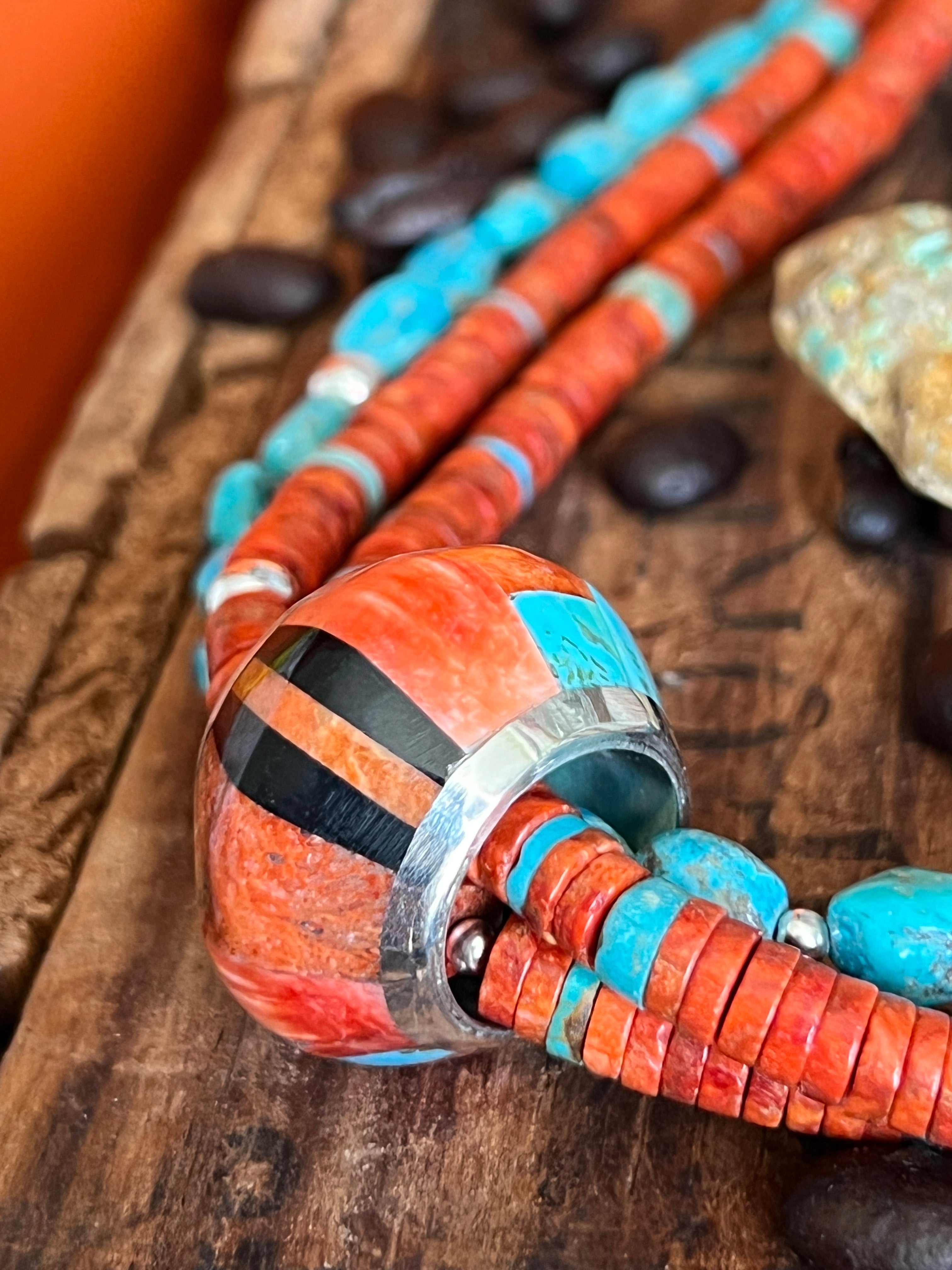 Daniel Coriz Triple Strand Apple Coral and Turquoise Beaded Necklace w/ Sterling Silver Removable Inlay Bead