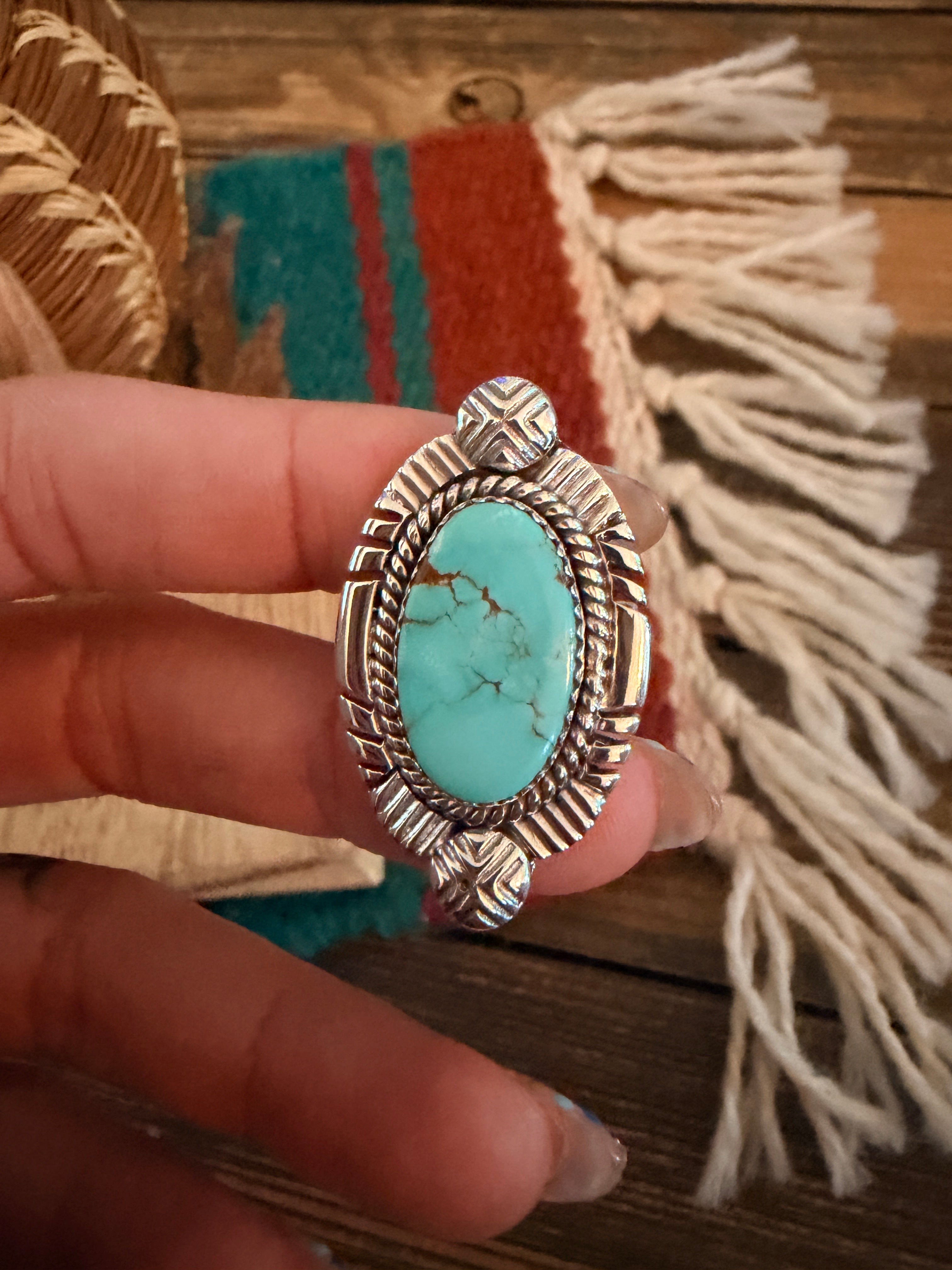 Handmade Sterling Silver Number 8 Turquoise Adjustable Ring Signed Nizhoni