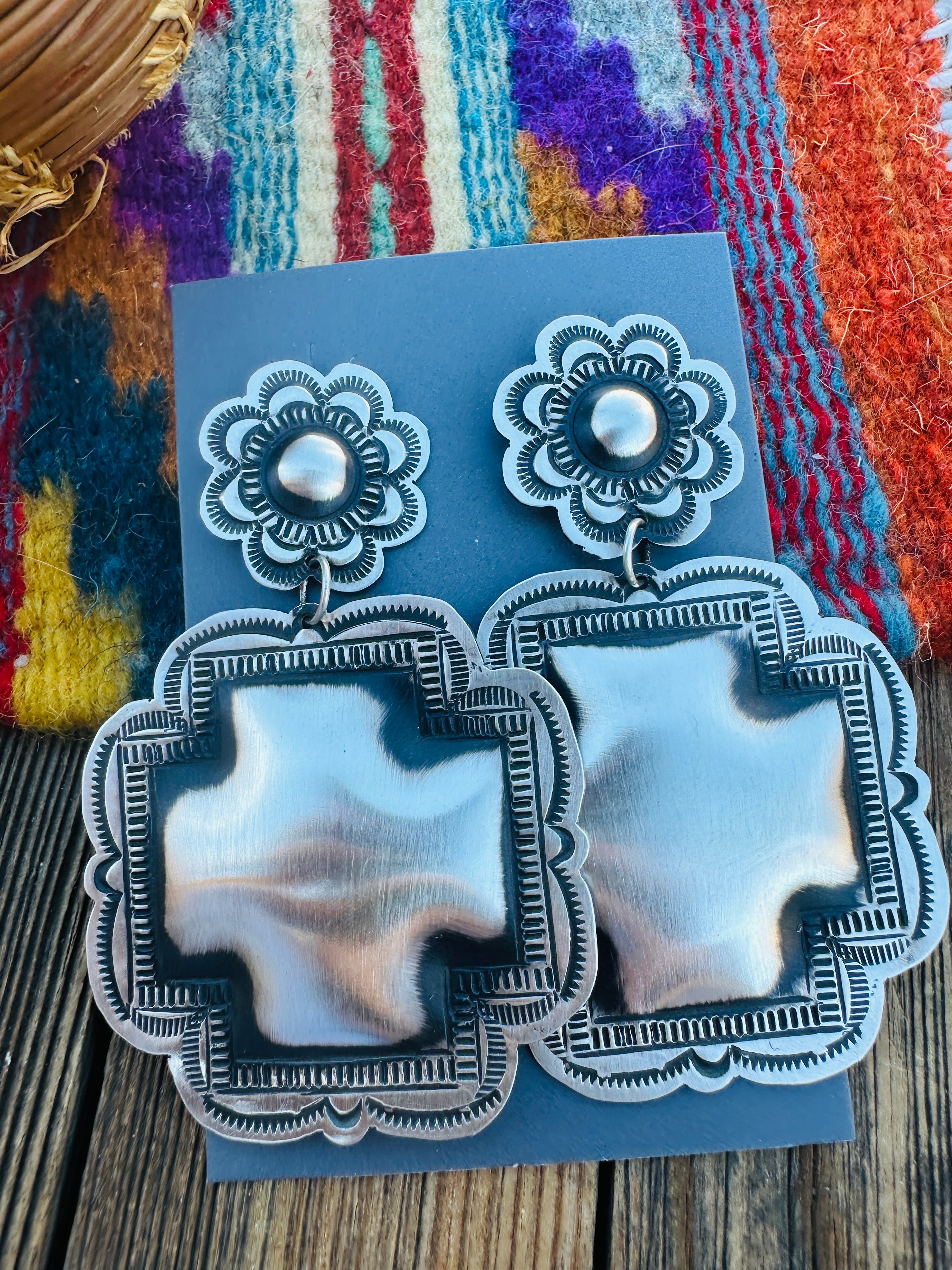 Handcrafted Sterling Silver Concho Cross Dangle Earrings by Leander Tahe