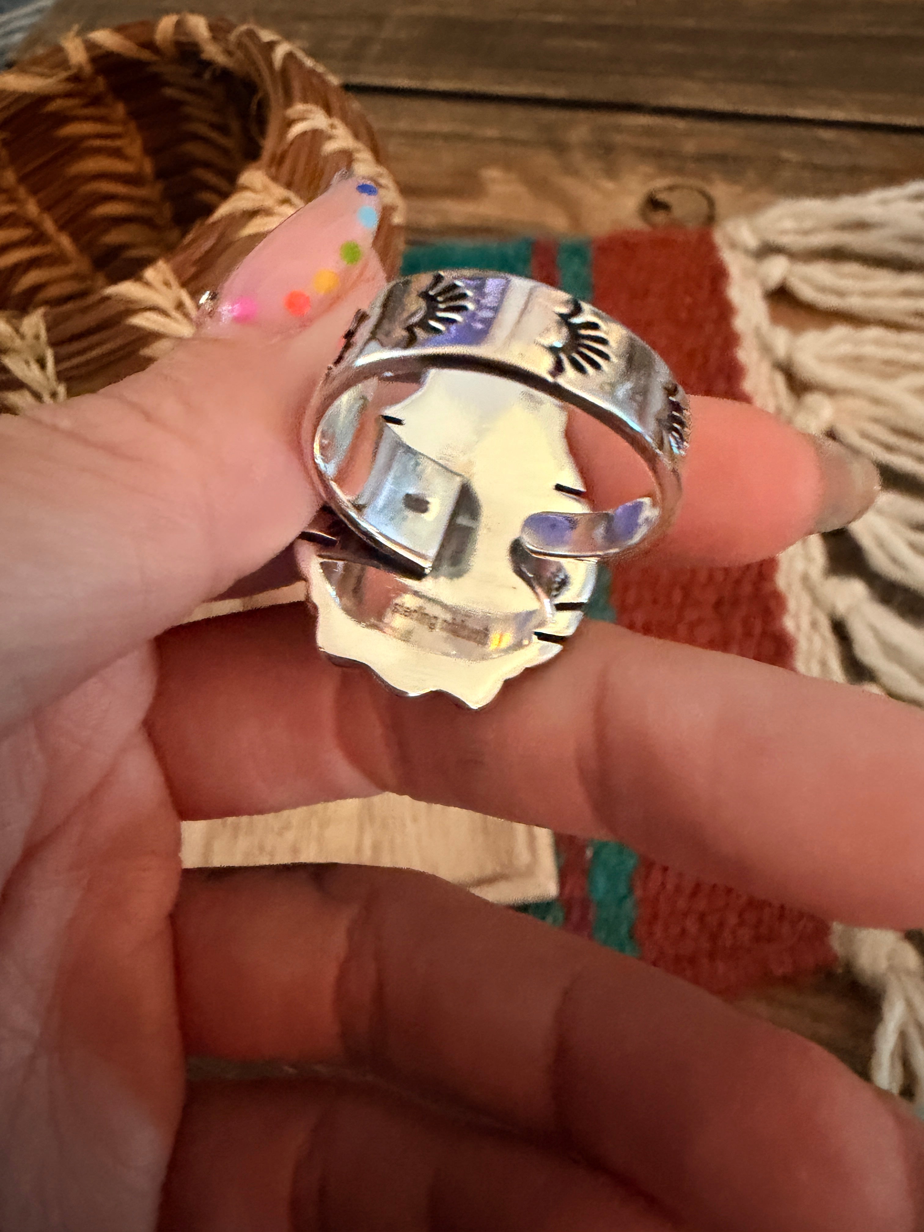 Handmade Sterling Silver Number 8 Turquoise Adjustable Ring Signed Nizhoni