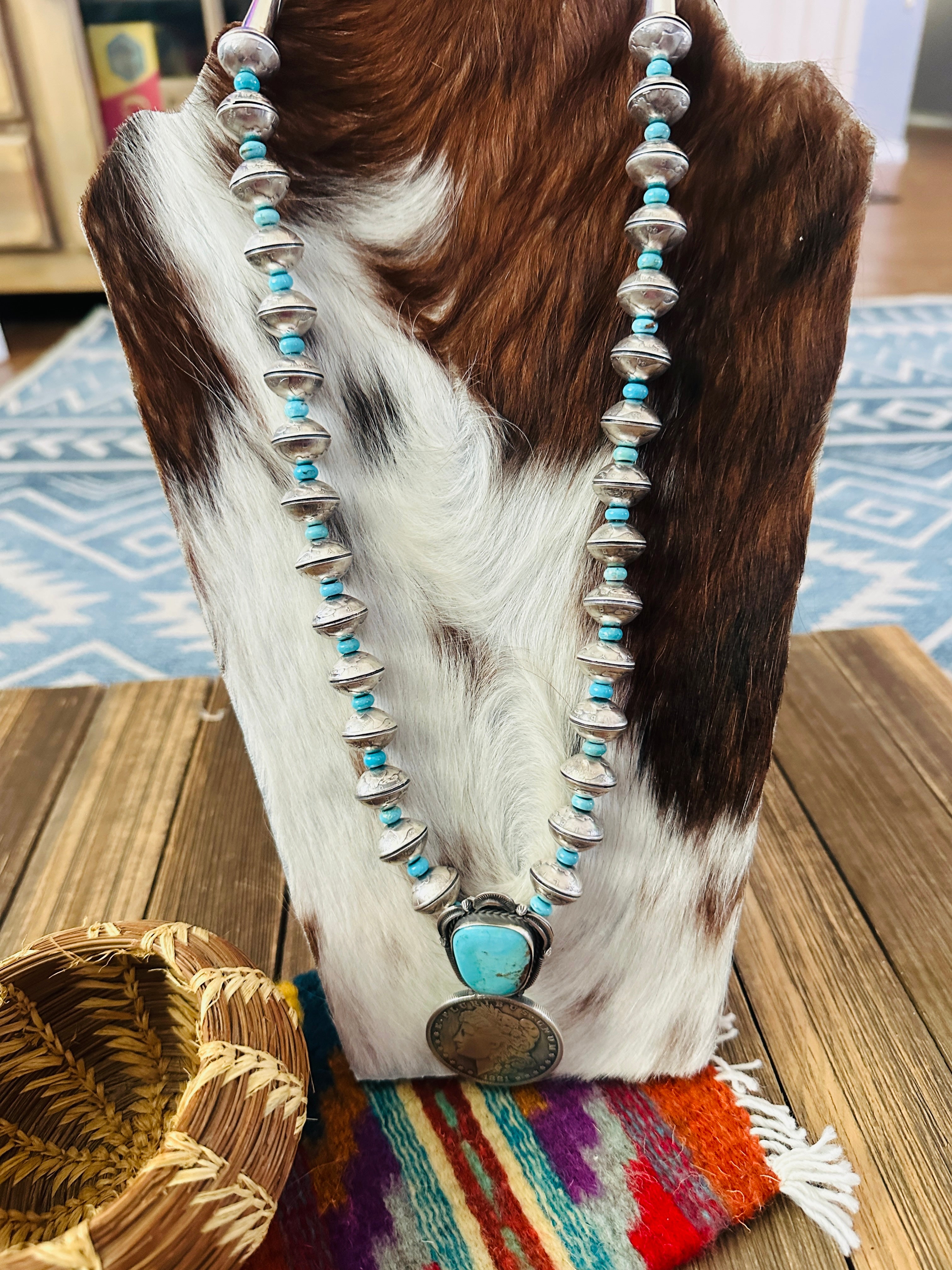 Handcrafted Turquoise & Sterling Silver Liberty Coin Beaded Necklace by James McCabe