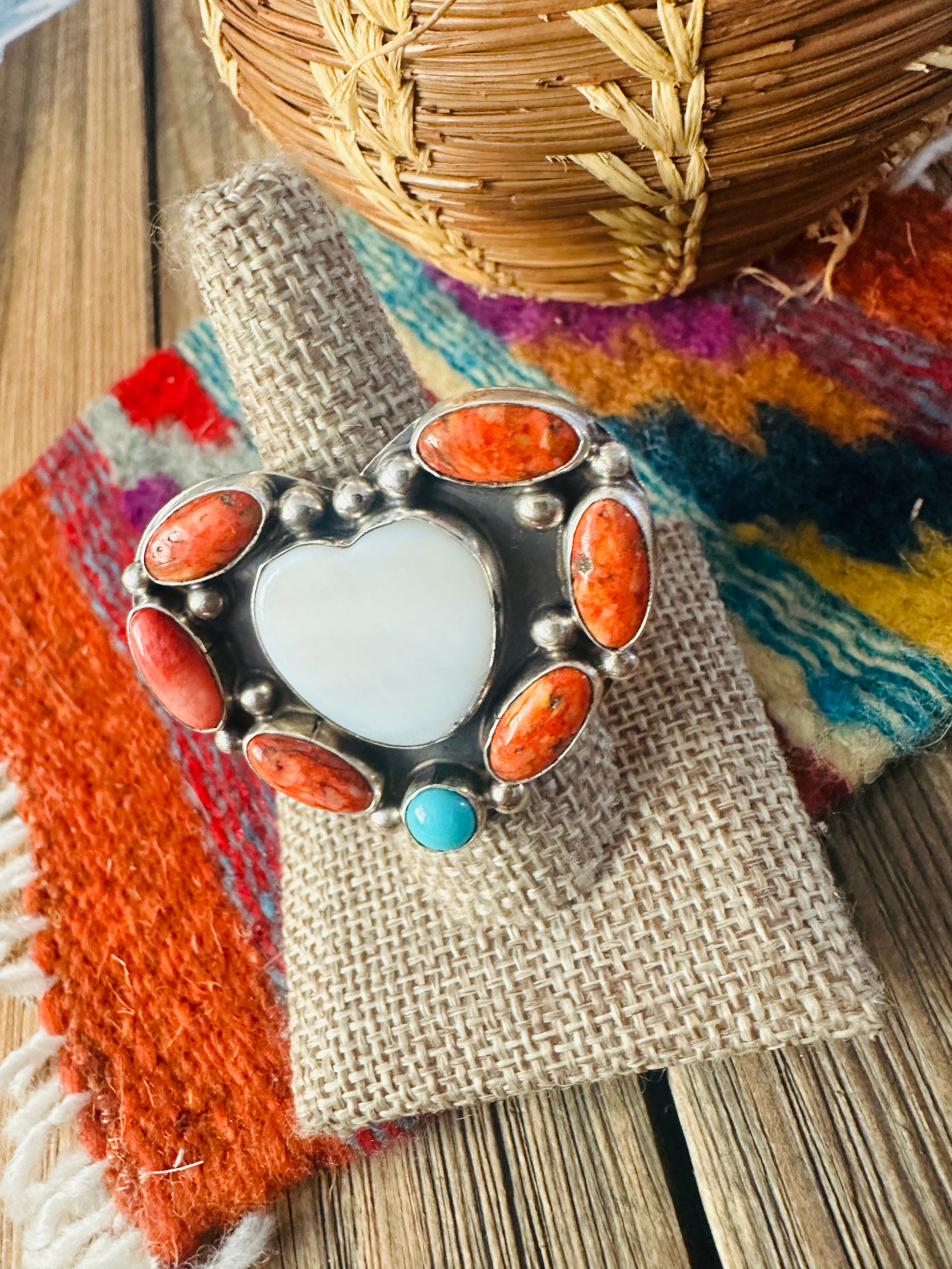 Handcrafted Multi Stone & Sterling Silver Adjustable Heart Ring by Jacqueline Silver