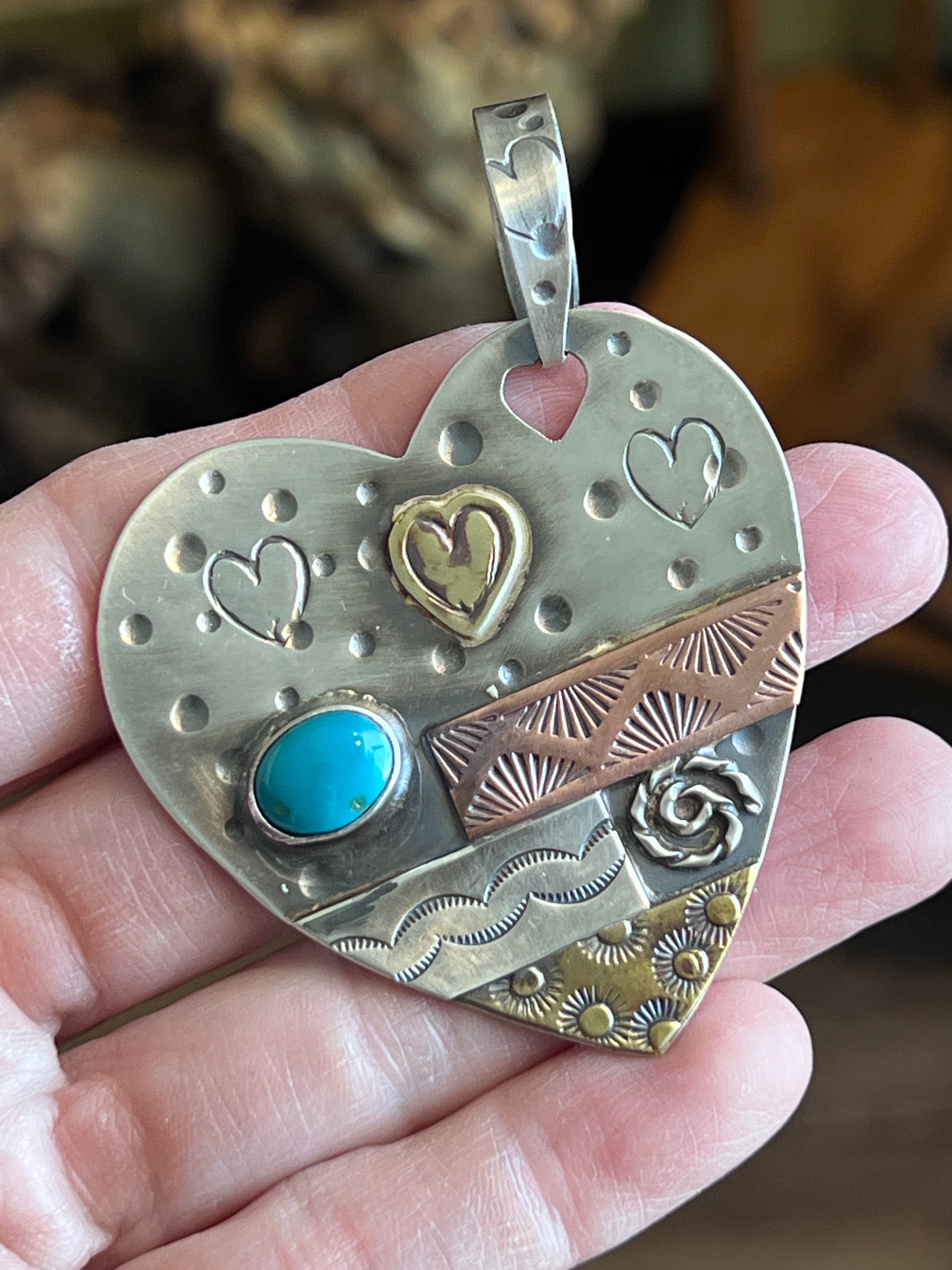 Kimari Somers Hand Stamped Sterling Silver, Copper, Brass & Turquoise ‘Full Heart’ Pendant