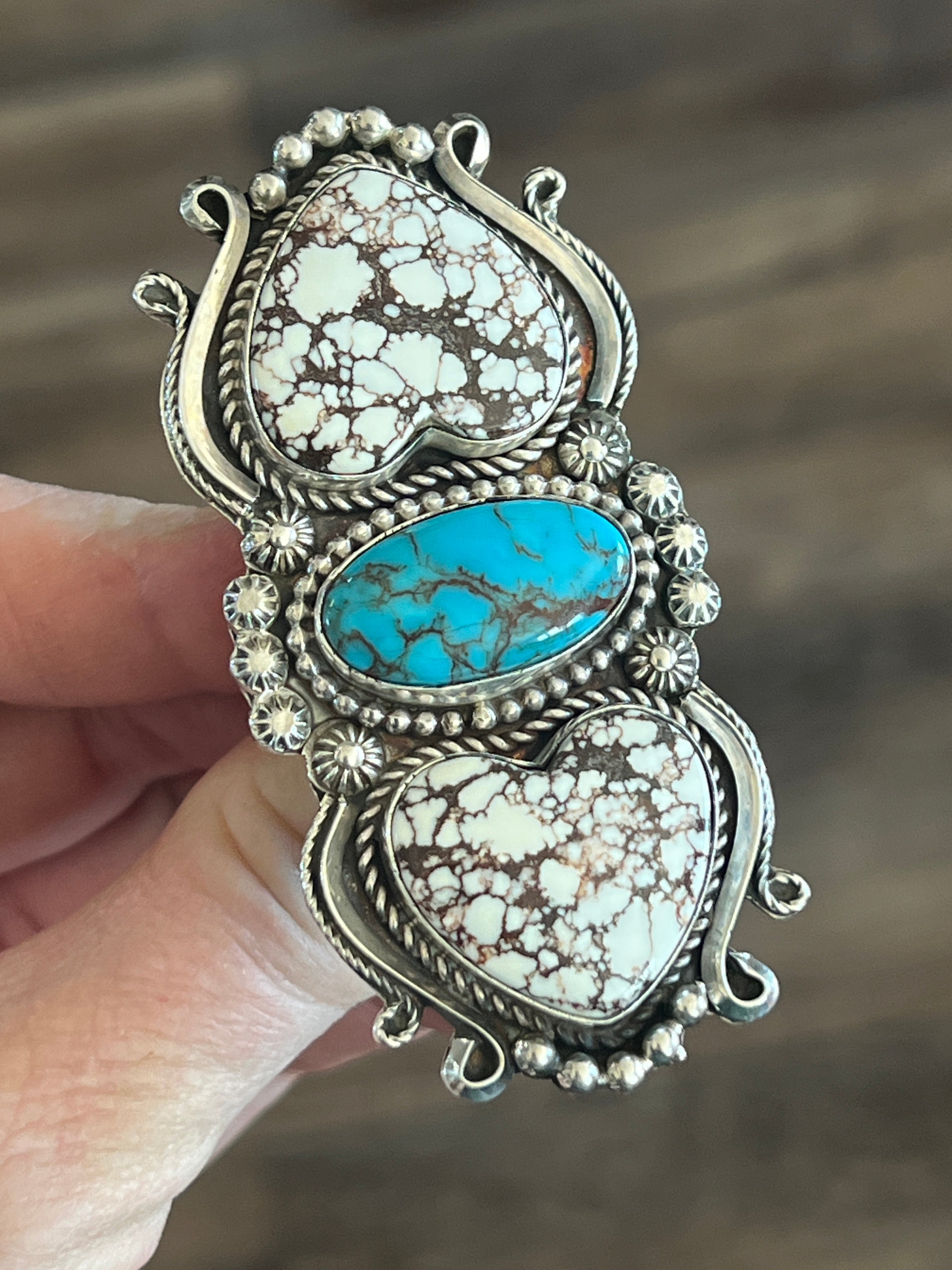 Apache Sterling Silver, Wild Horse Heart and Egyptian Turquoise Statement Ring by Rosella Paxson, Size 6.5