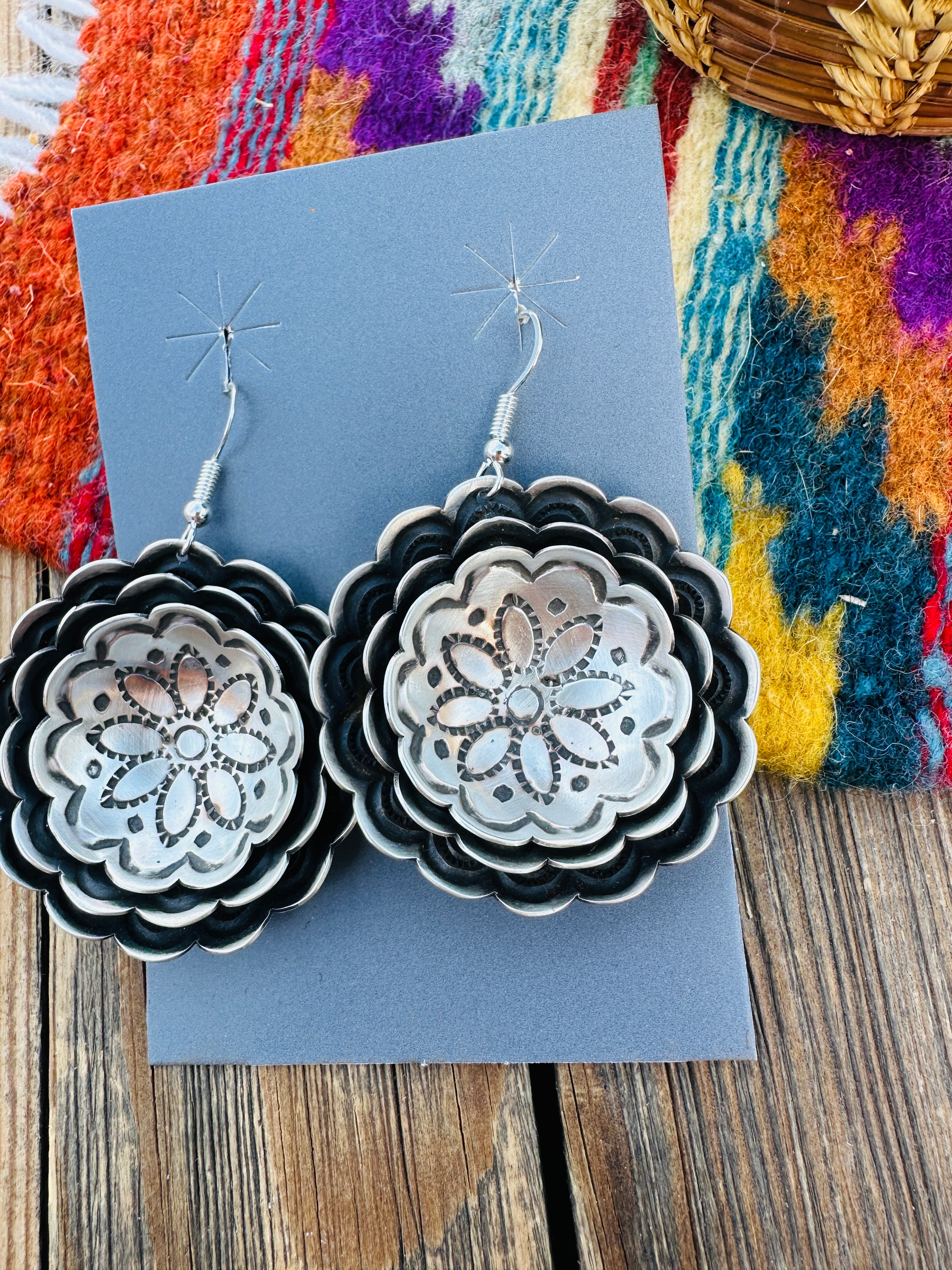 Handcrafted Sterling Silver Concho Dangle Earrings by Leander Tahe