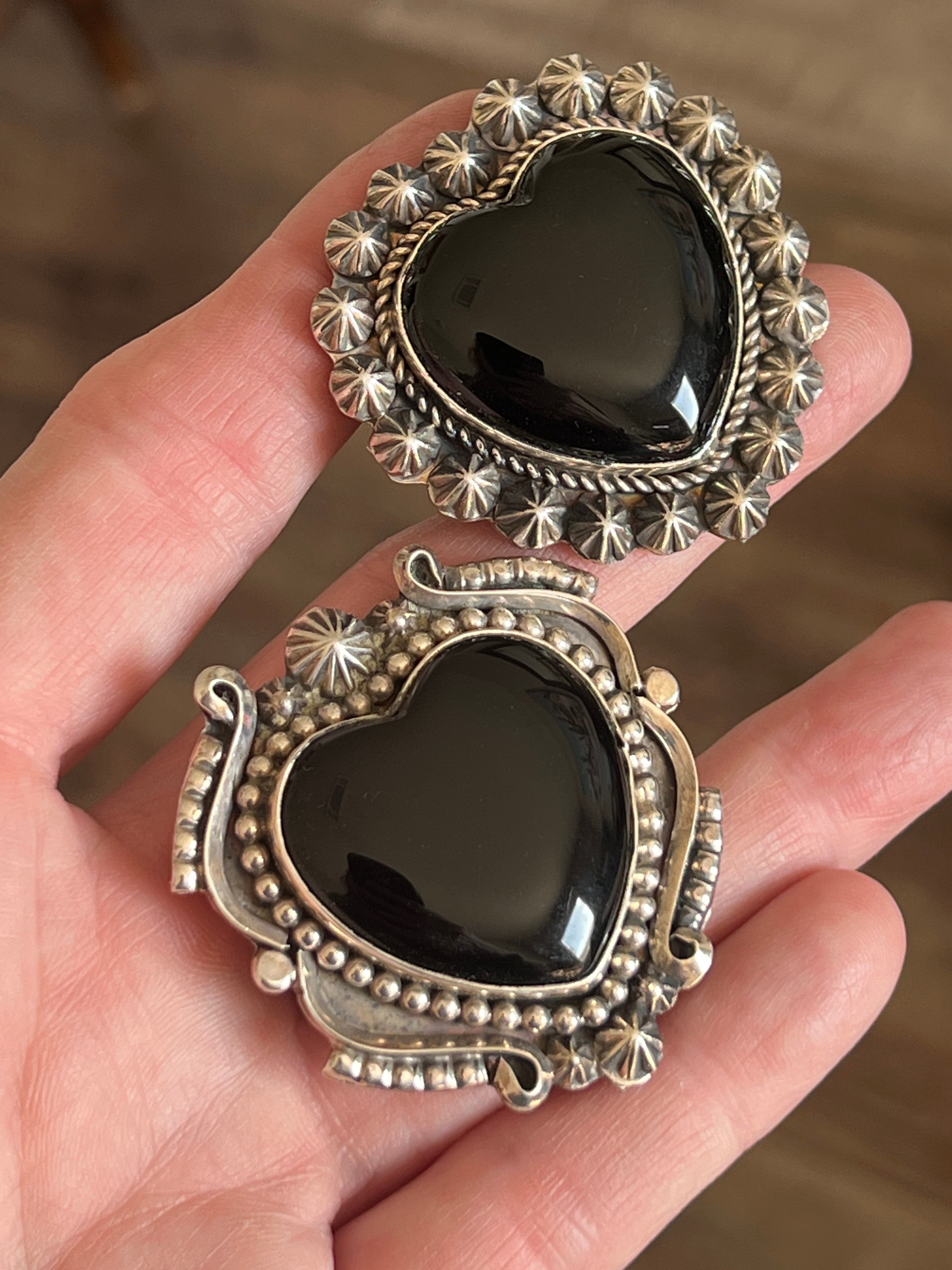 Handcrafted Sterling Silver and Black Onyx Heart Rings by Rosella Paxson, Size 8.5 & 10