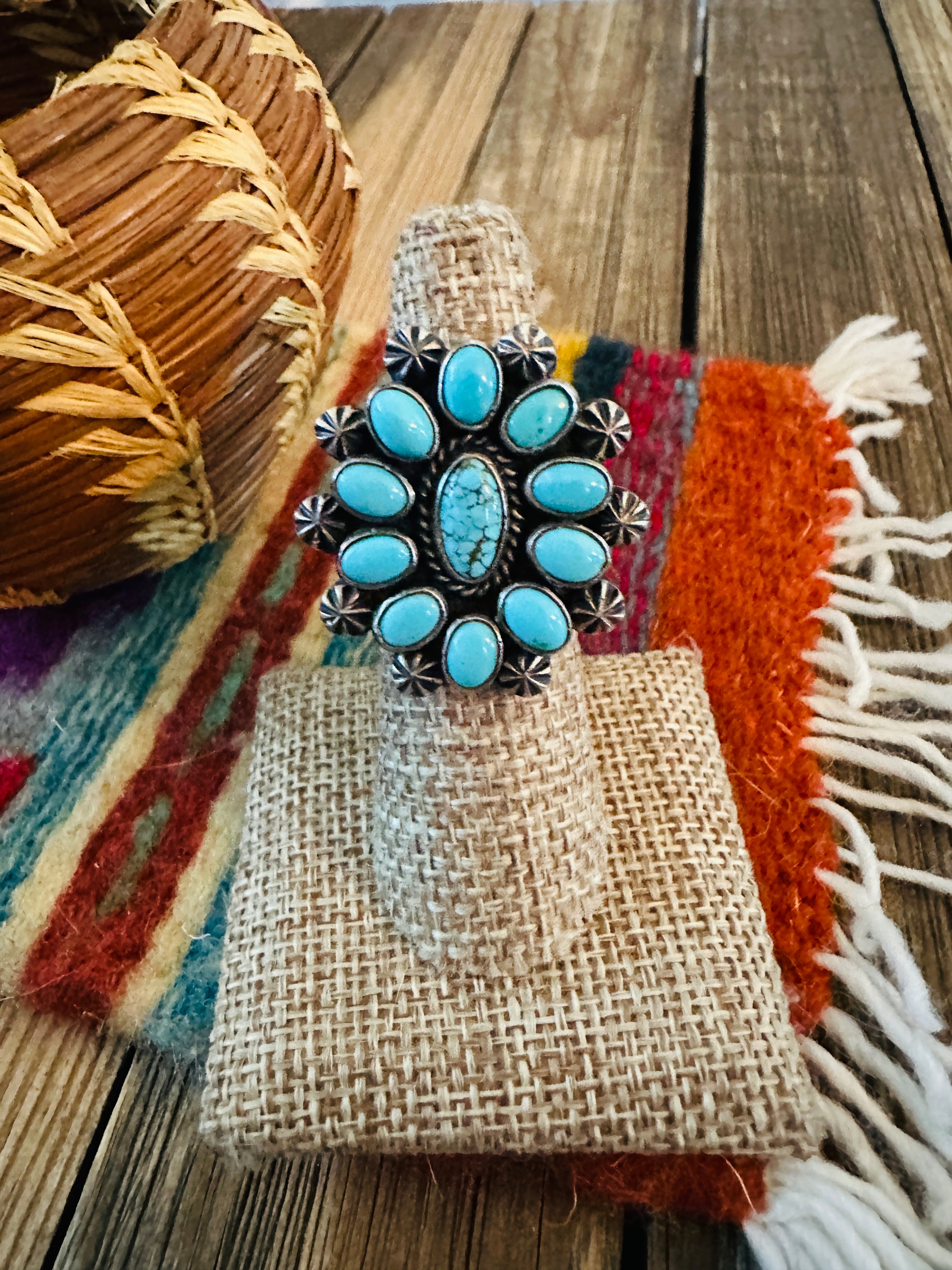 Handcrafted Kingman Turquoise & Sterling Silver Adjustable Cluster Ring