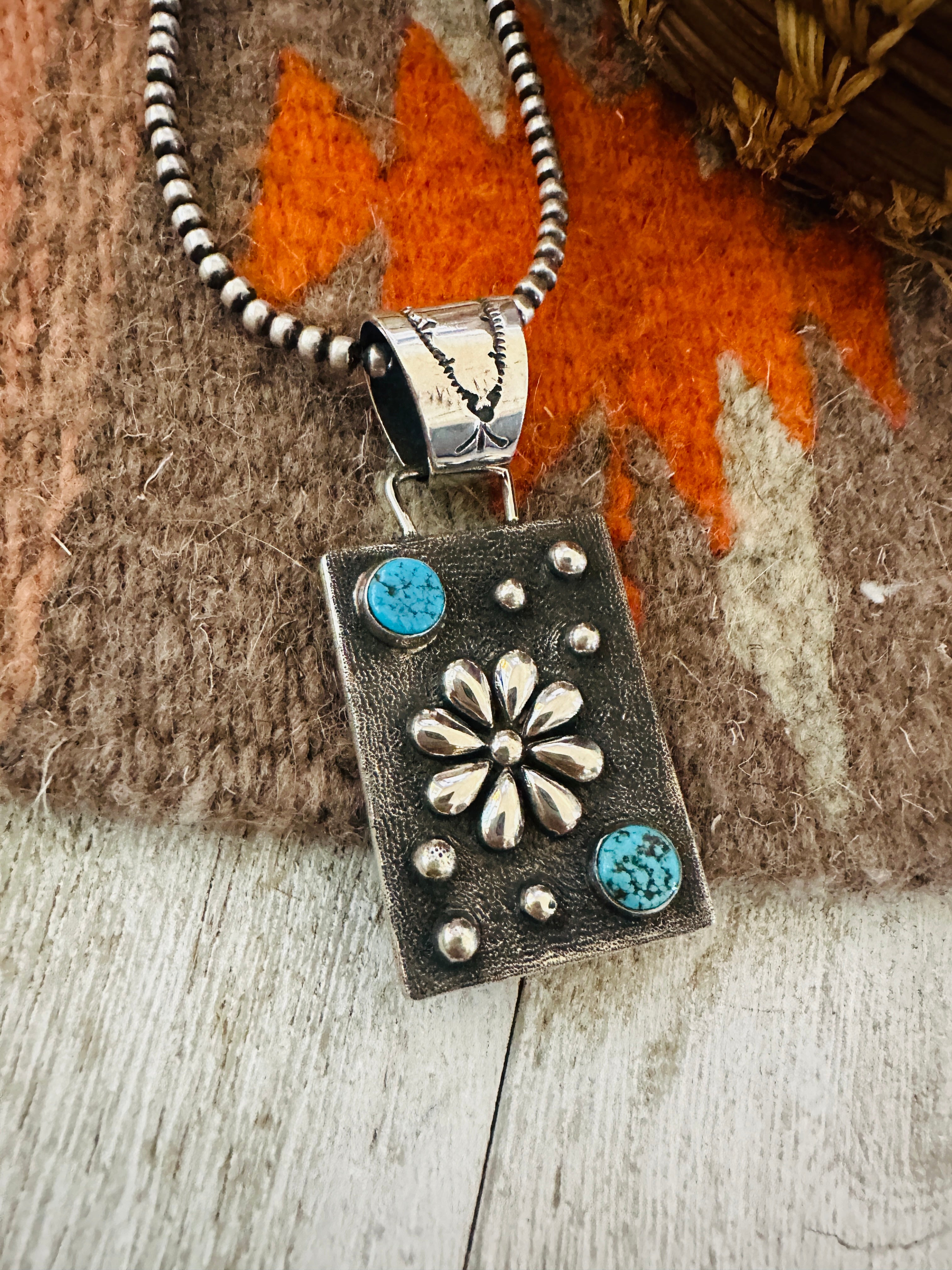 Handcrafted Studded Flower Turquoise & Sterling Silver Pendant