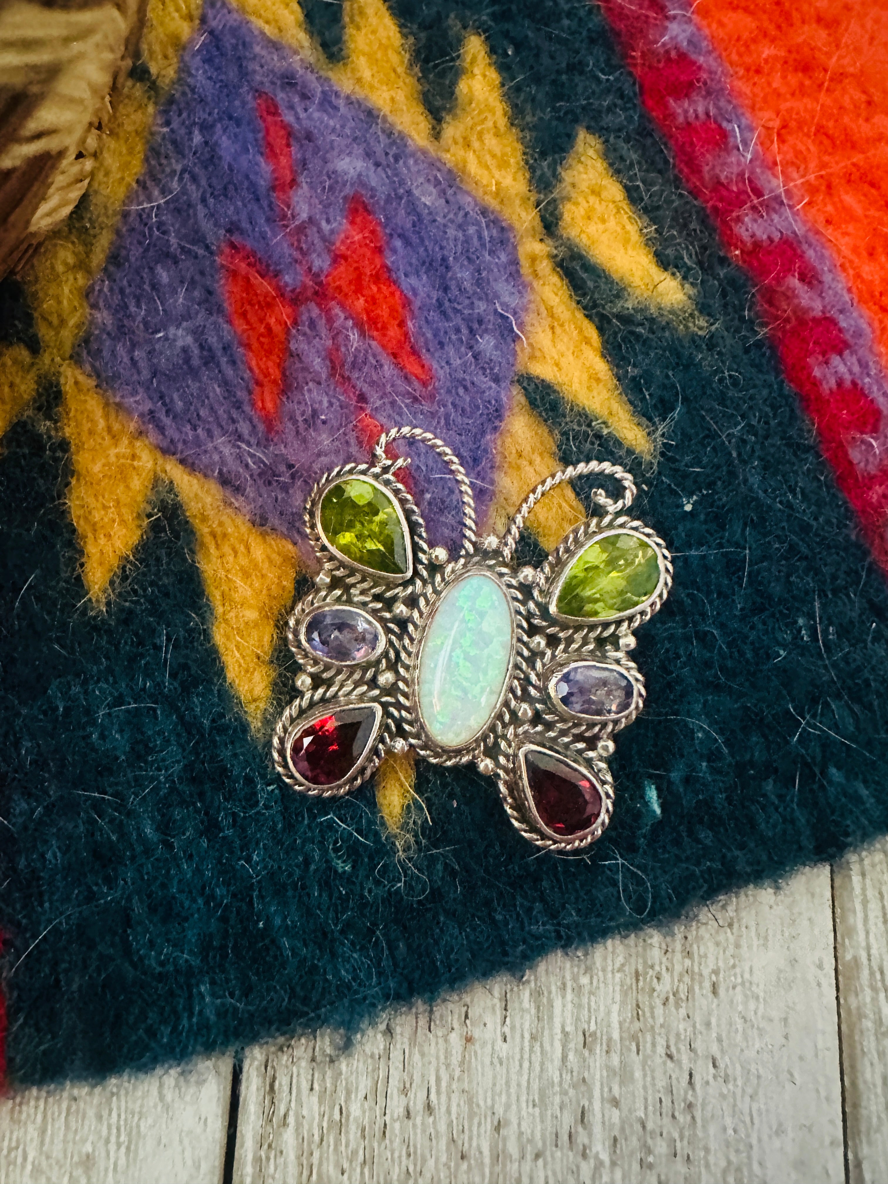 Handcrafted Multi Stone & Sterling Silver Butterfly Brooch