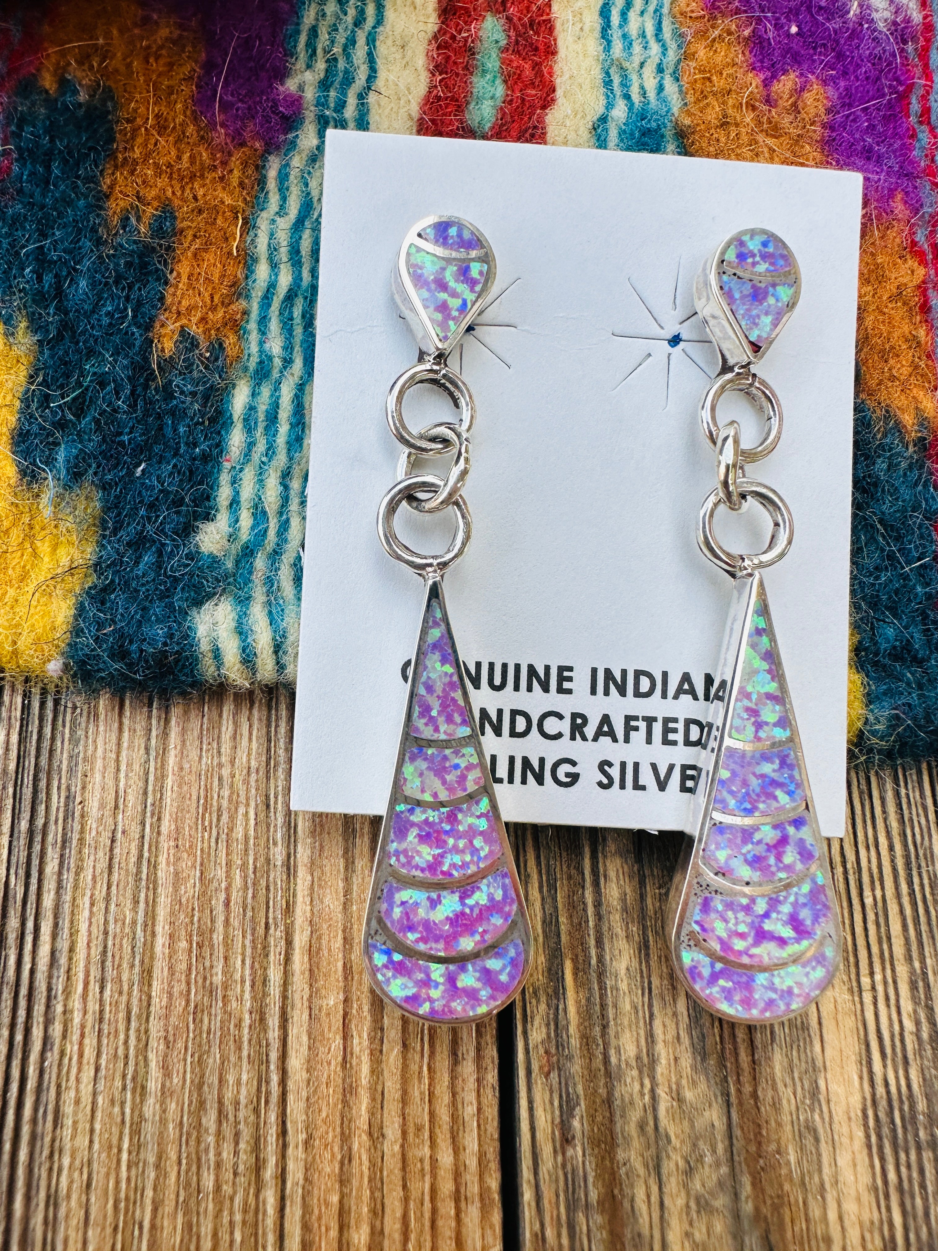 Handcrafted Opal & Sterling Silver Inlay Teardrop Dangle Earrings