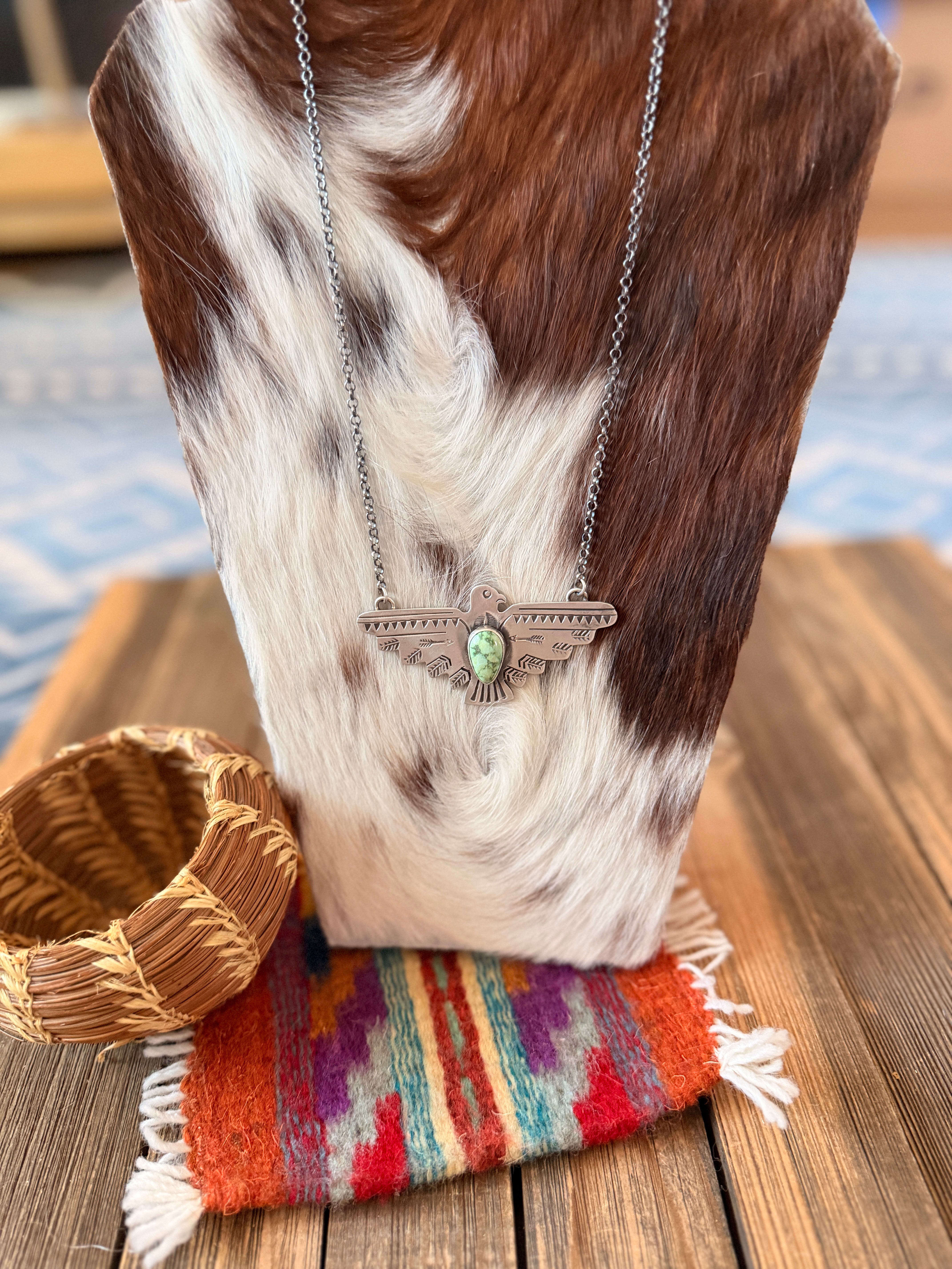 Handcrafted Turquoise & Sterling Silver Thunderbird Necklace by Russell Sam