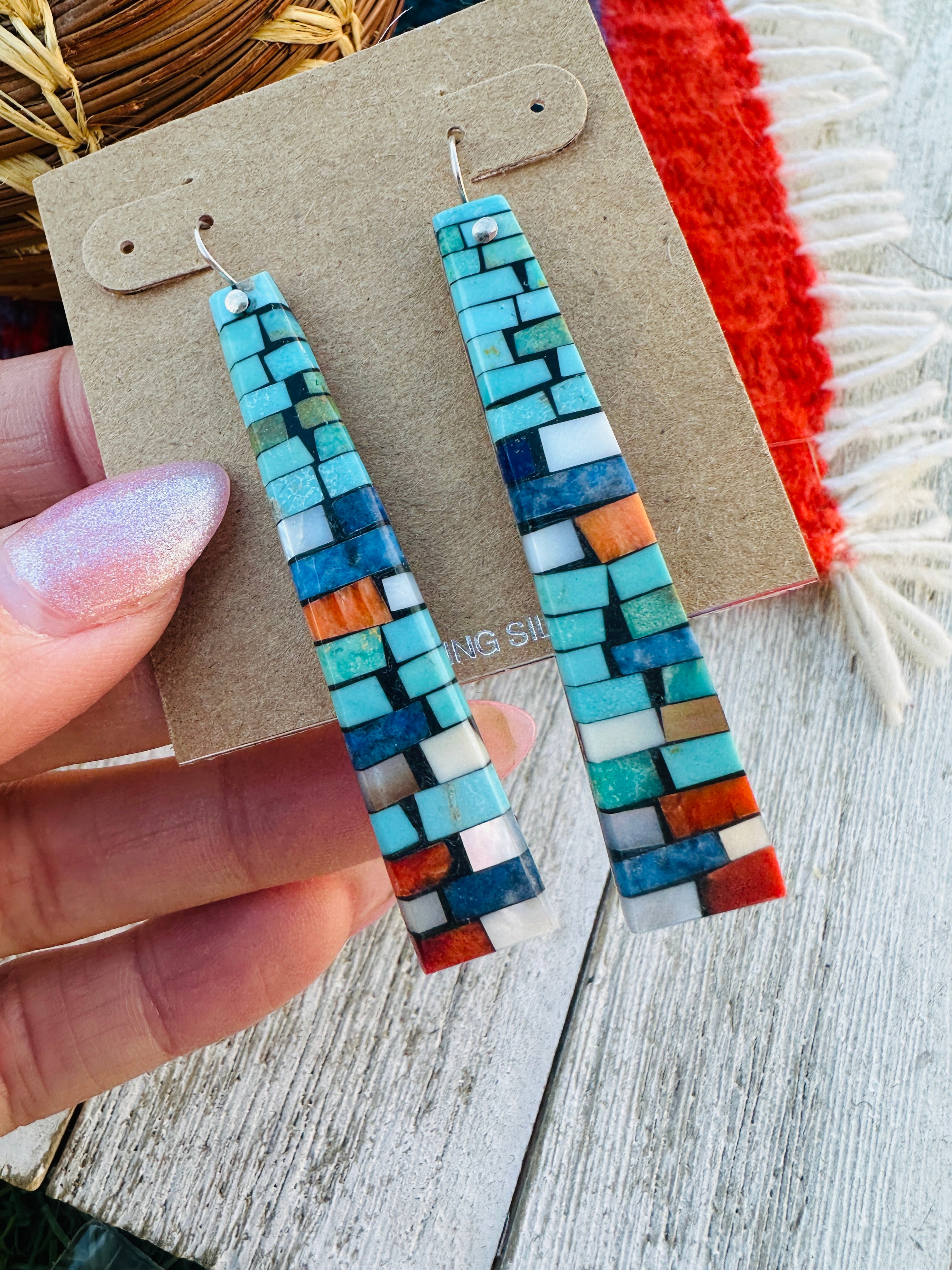 Handcrafted Multi Stone Inlay Shell Dangle Earrings