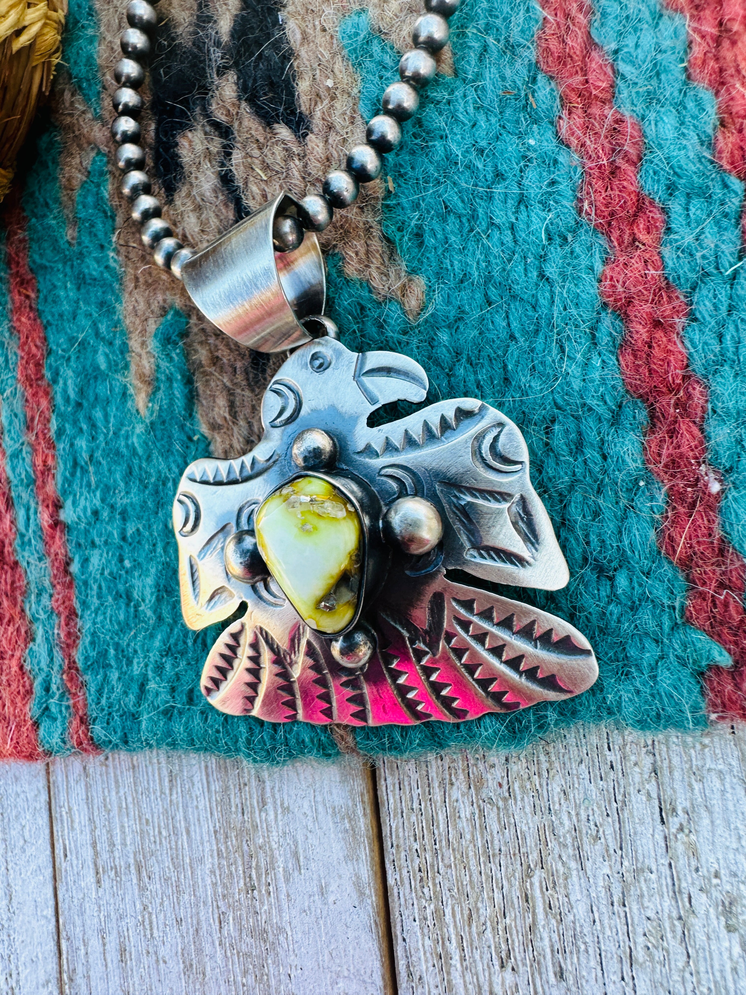Handcrafted Sterling Silver & Palomino Turquoise Thunderbird Pendant by Chimney Butte
