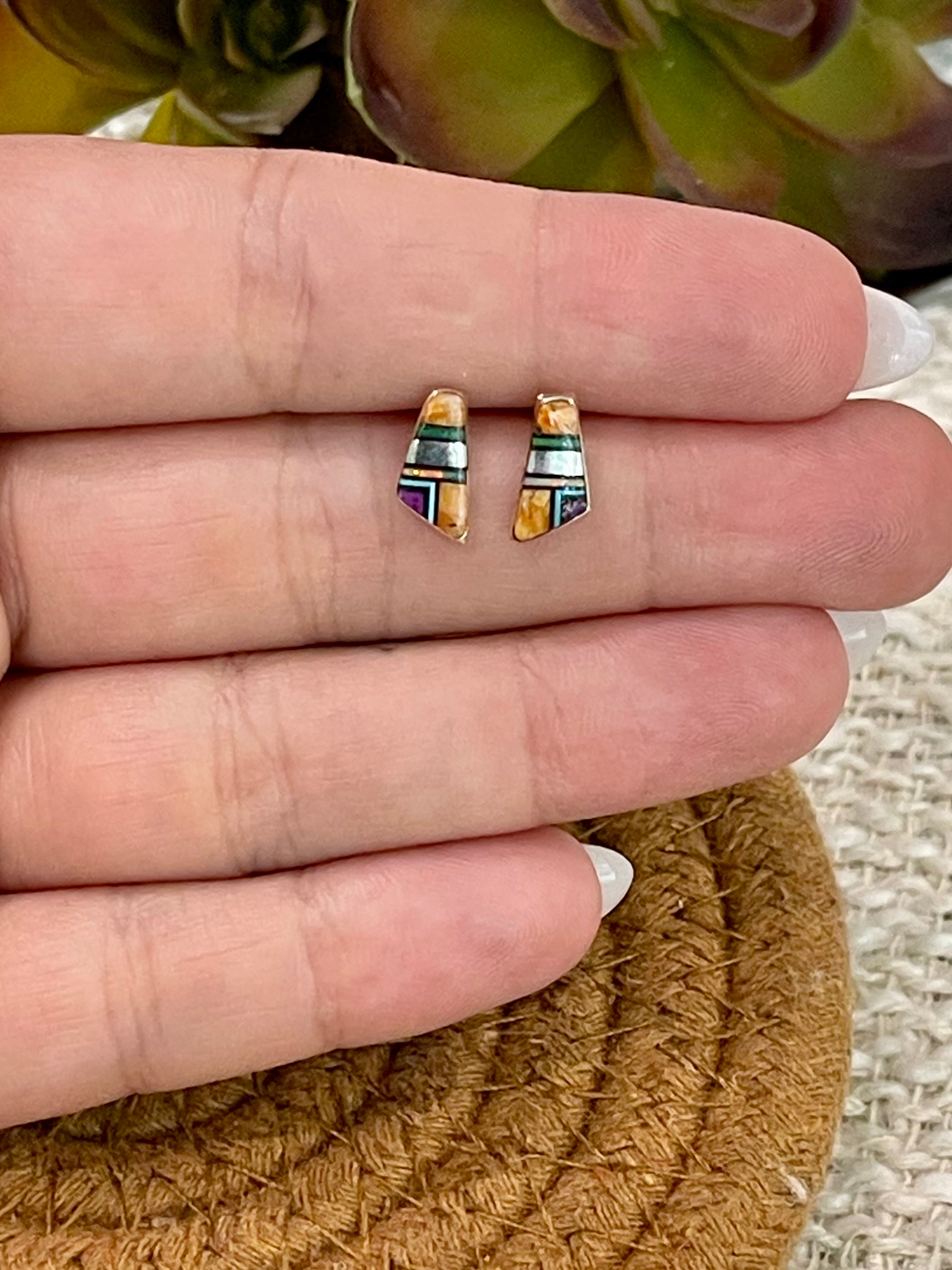 Gorgeous Handmade Sterling Silver & Multi Stone Inlay Stud Earrings