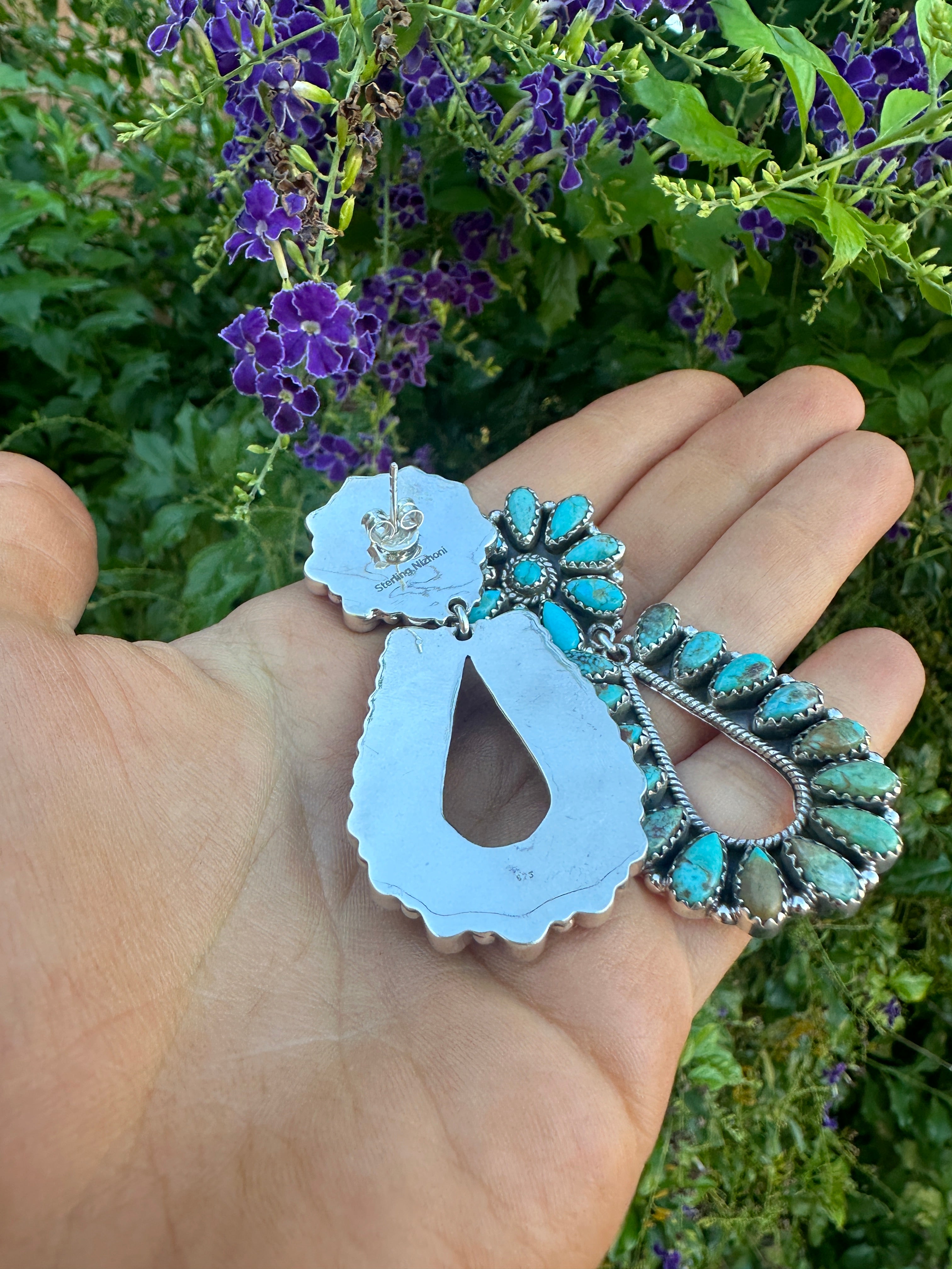 FLOWER DROPS Handmade Turquoise and Sterling Silver Dangles