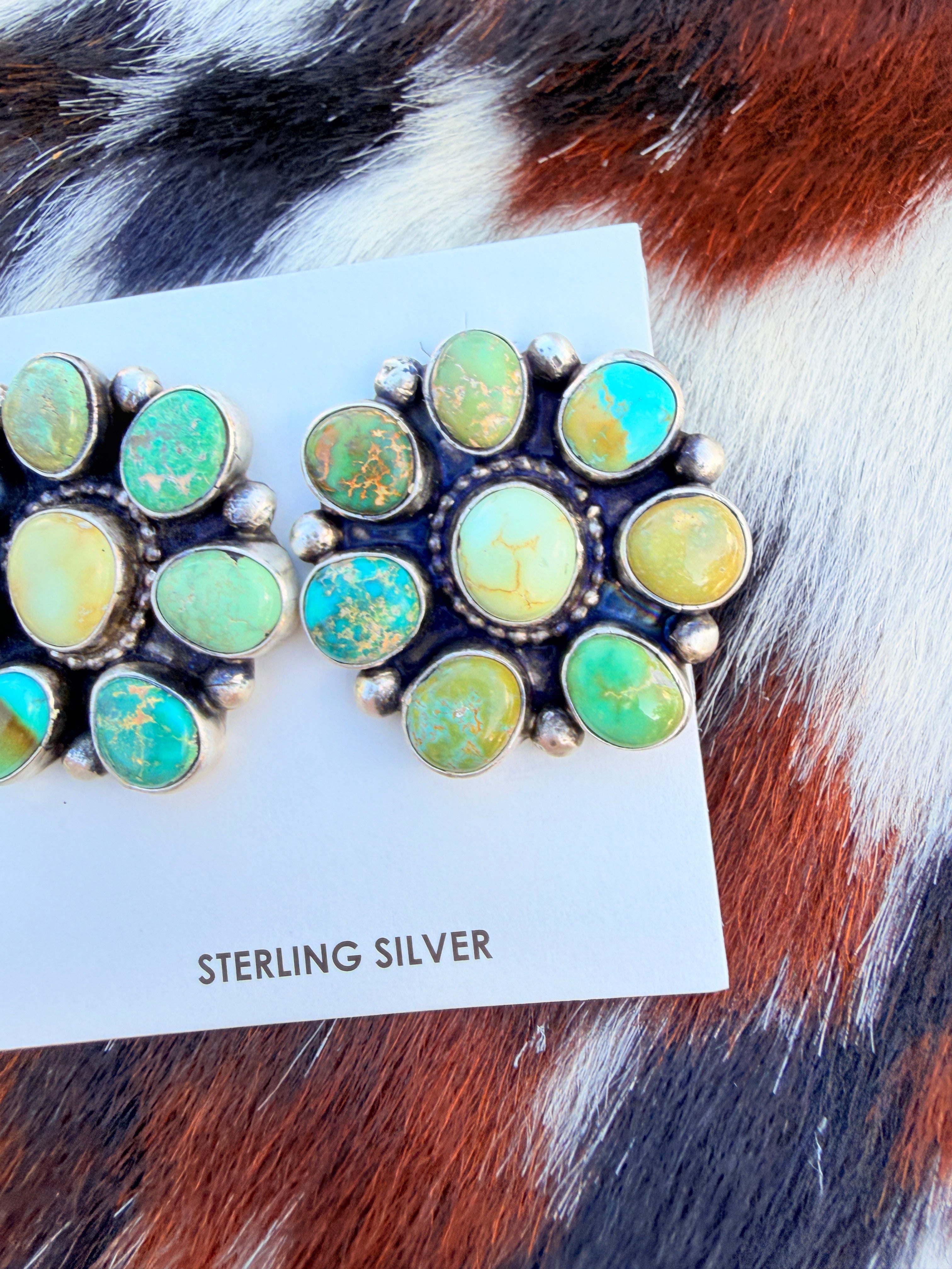 Handcrafted Royston Turquoise & Sterling Silver Cluster Post Earrings by Travis Jim