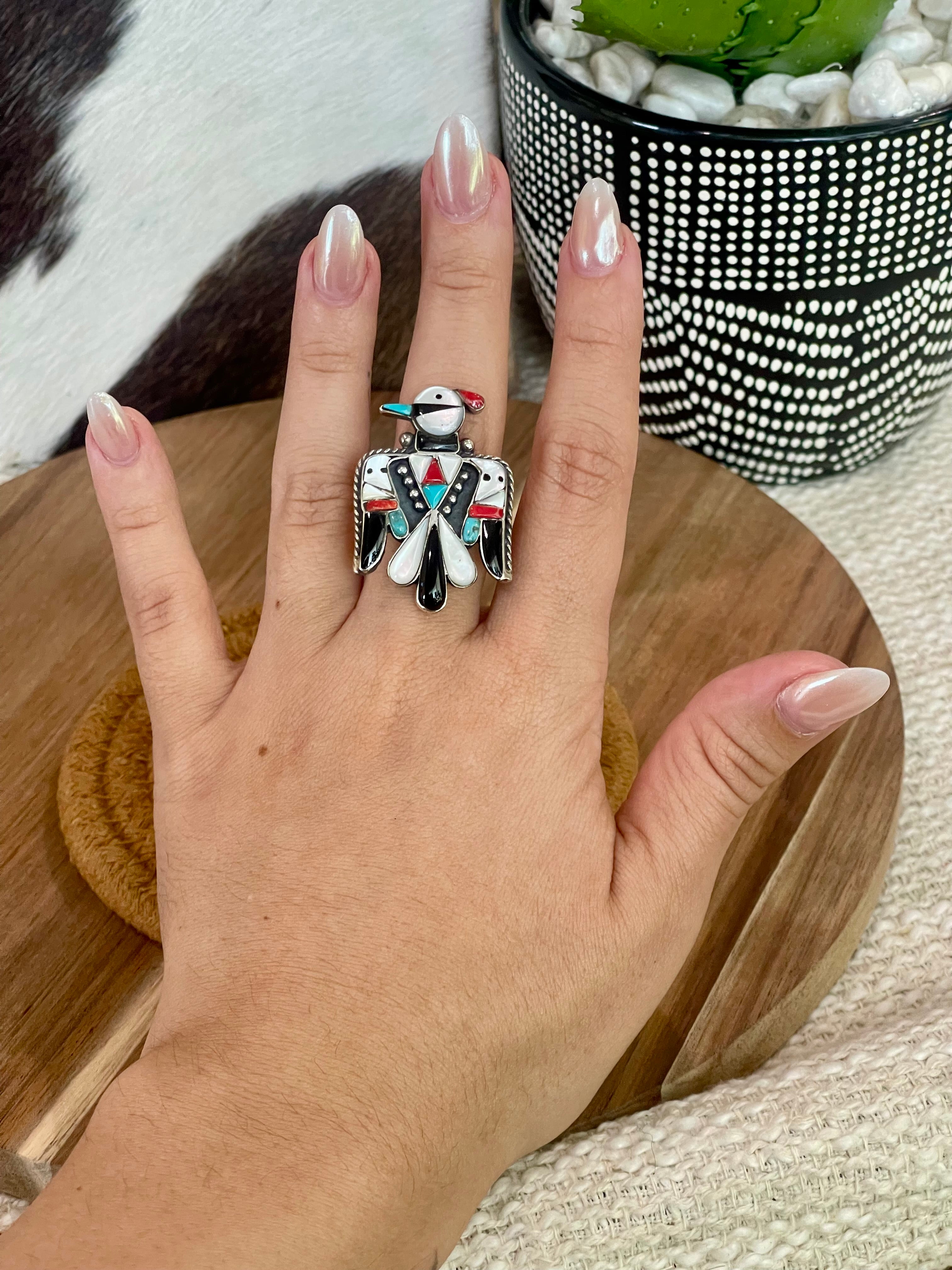 Handmade Sterling Silver & Multi Stone Thunderbird Adjustable Ring