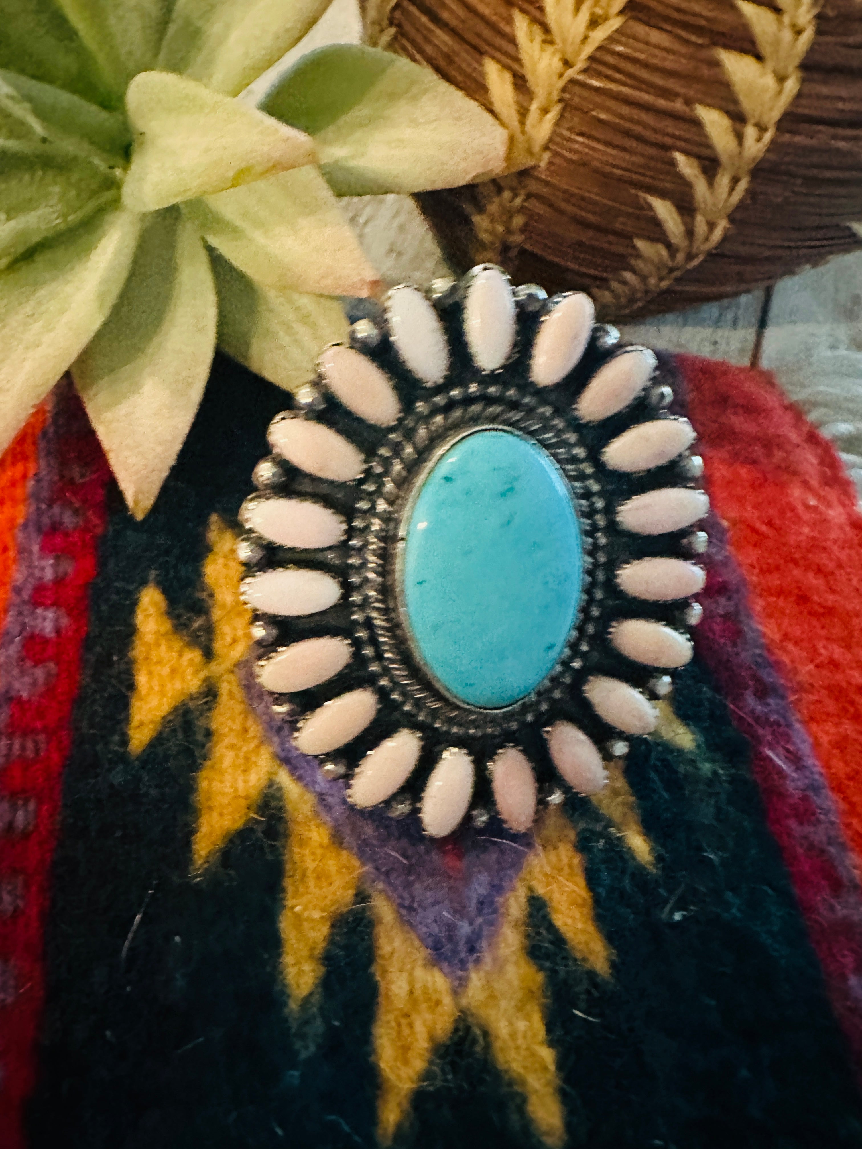 Handcrafted Sterling Silver, Queen Pink Conch & Turquoise Adjustable Cluster Ring