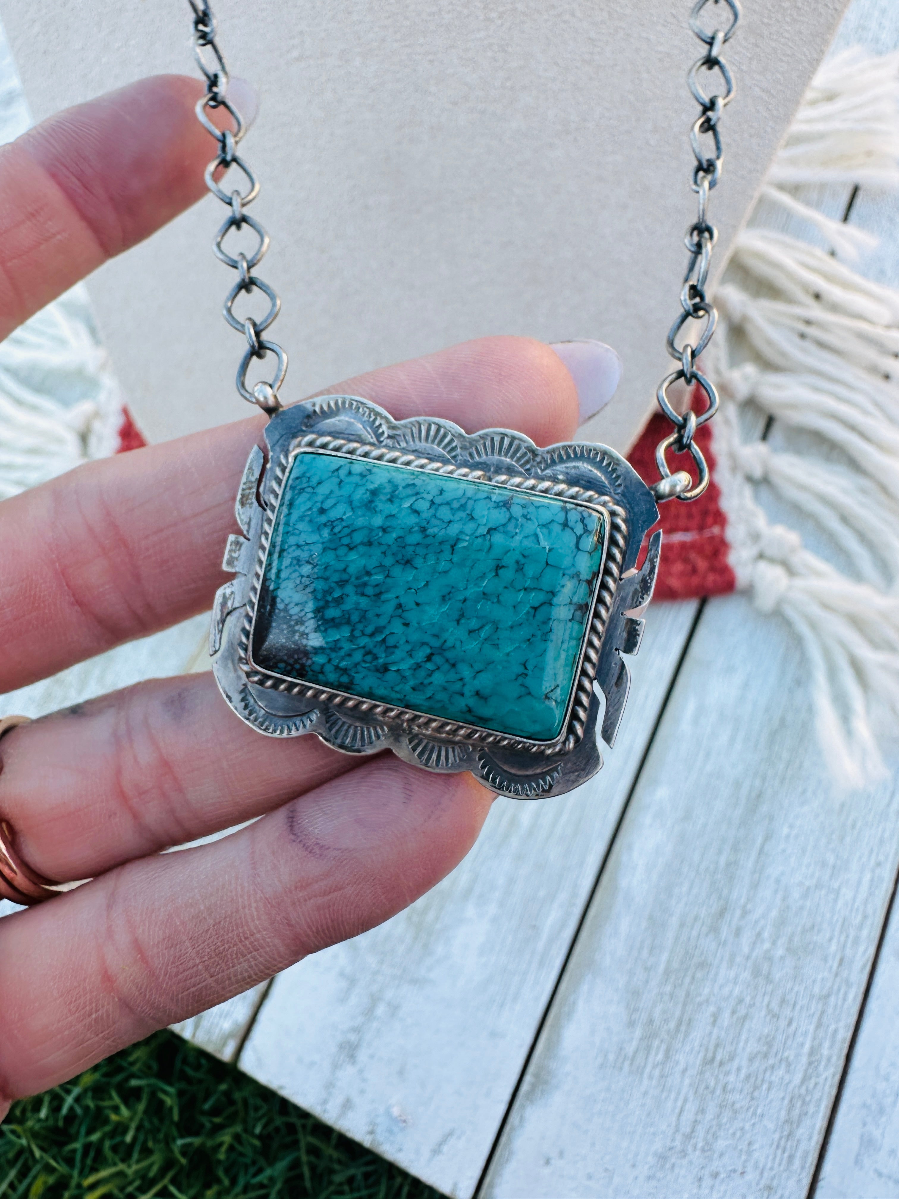 Handcrafted Sterling Silver 18” Link Chain & Turquoise Necklace