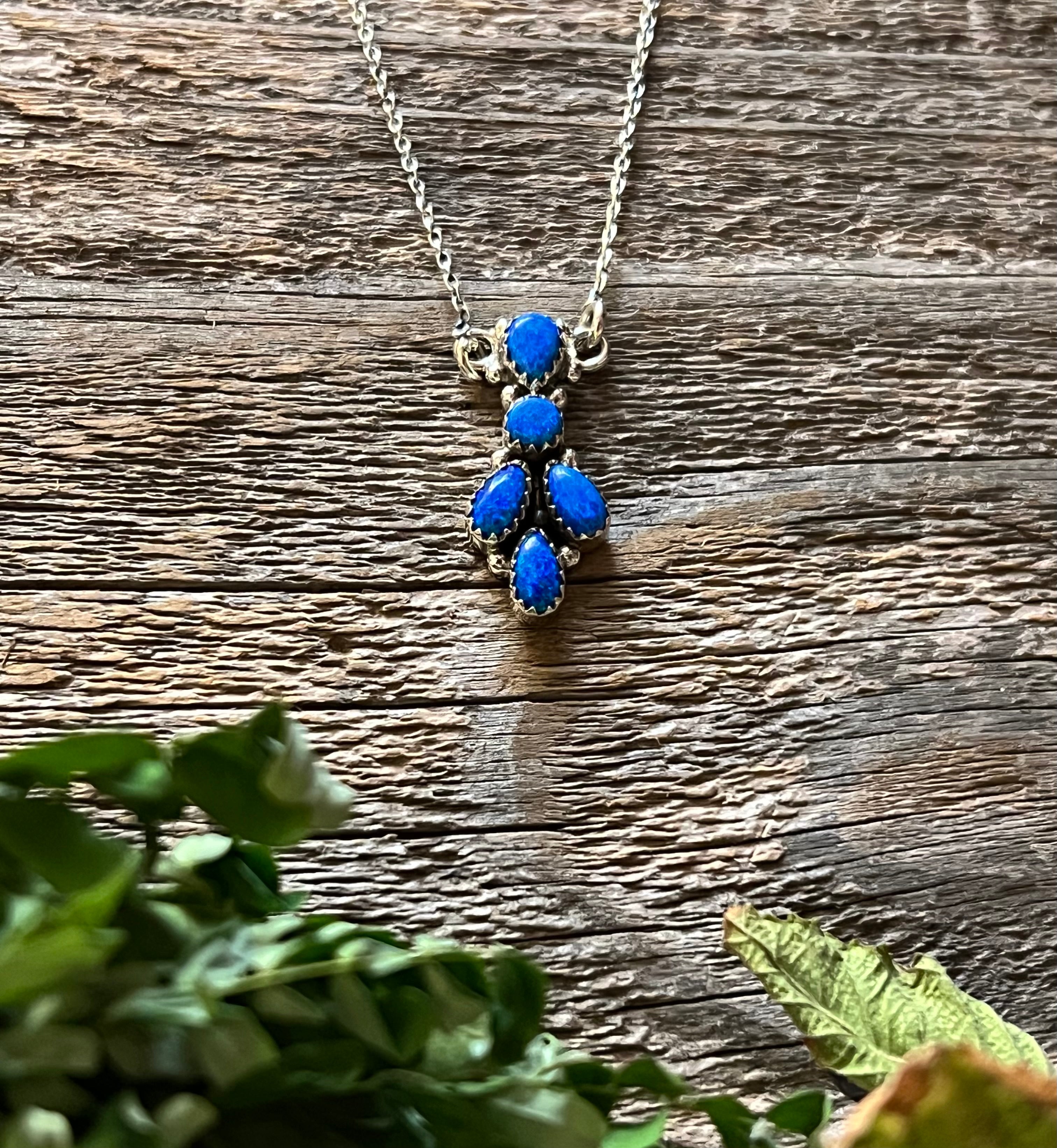 Handmade Blue Opal Tear Drop Cluster Sterling Silver Necklace