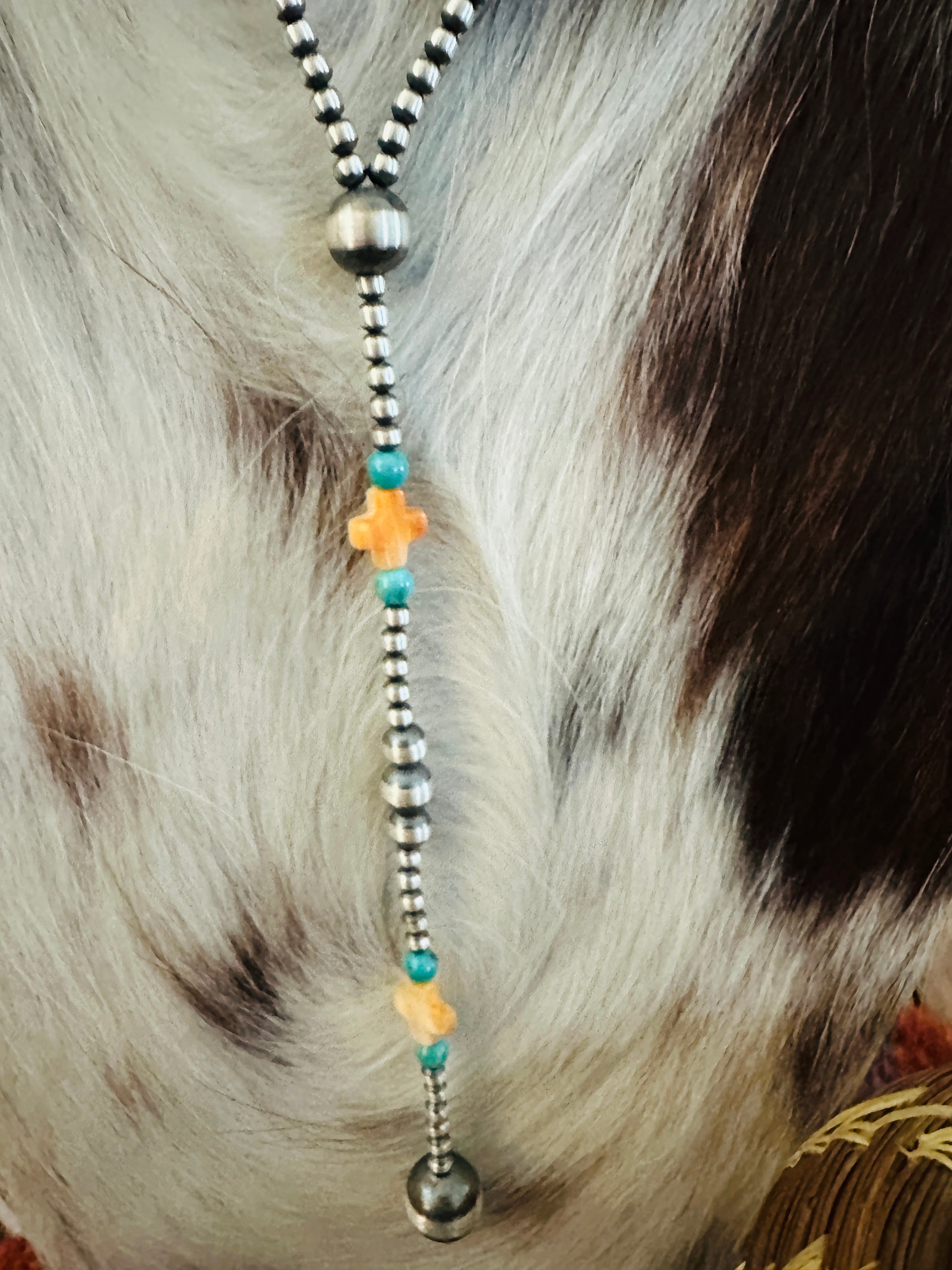 Handcrafted Turquoise, Spiny Oyster & Sterling Silver Pearl 20” Beaded Lariat Necklace