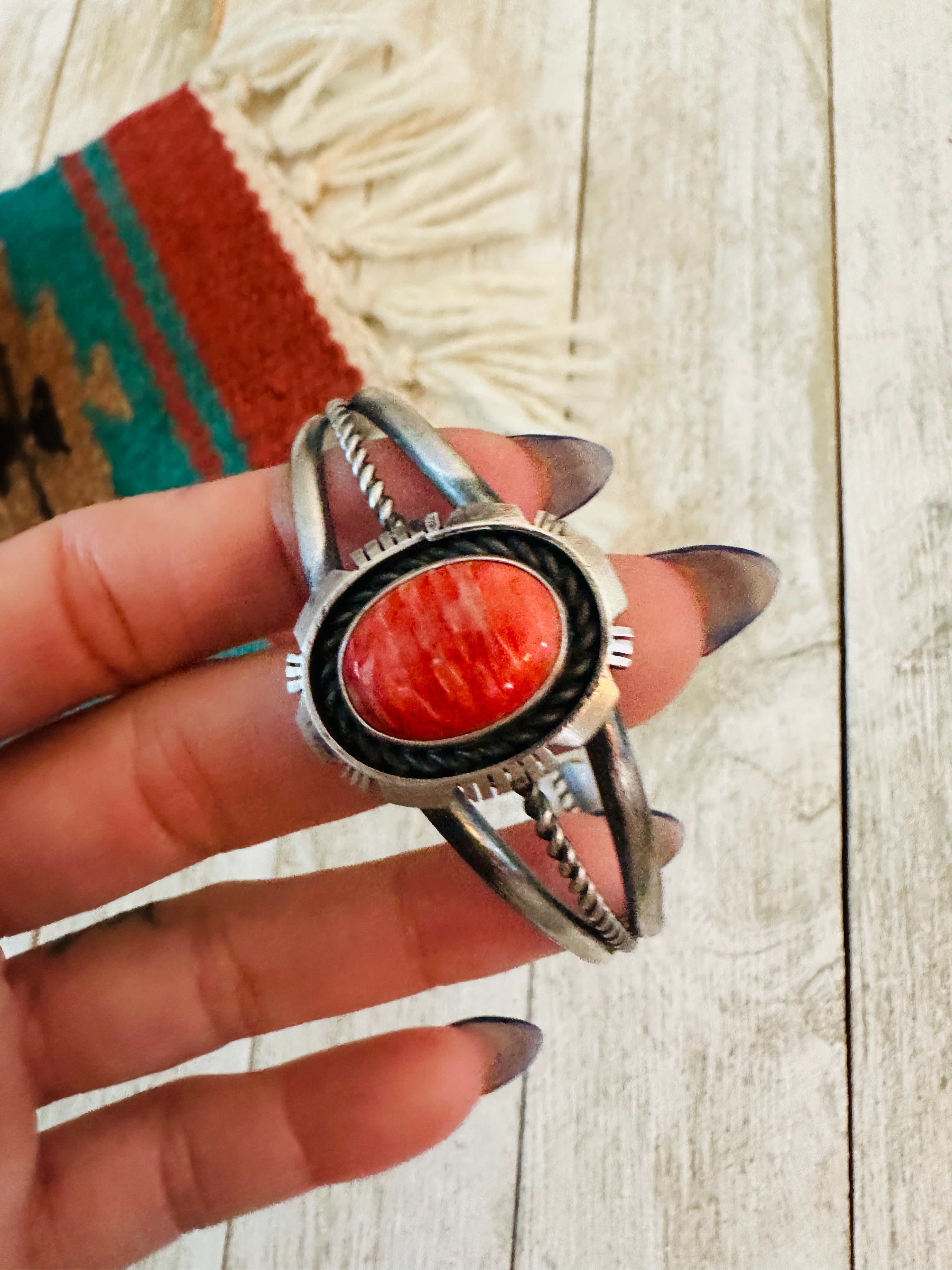 Handcrafted Sterling Silver & Red Spiny Cuff Bracelet by Eli Skeets