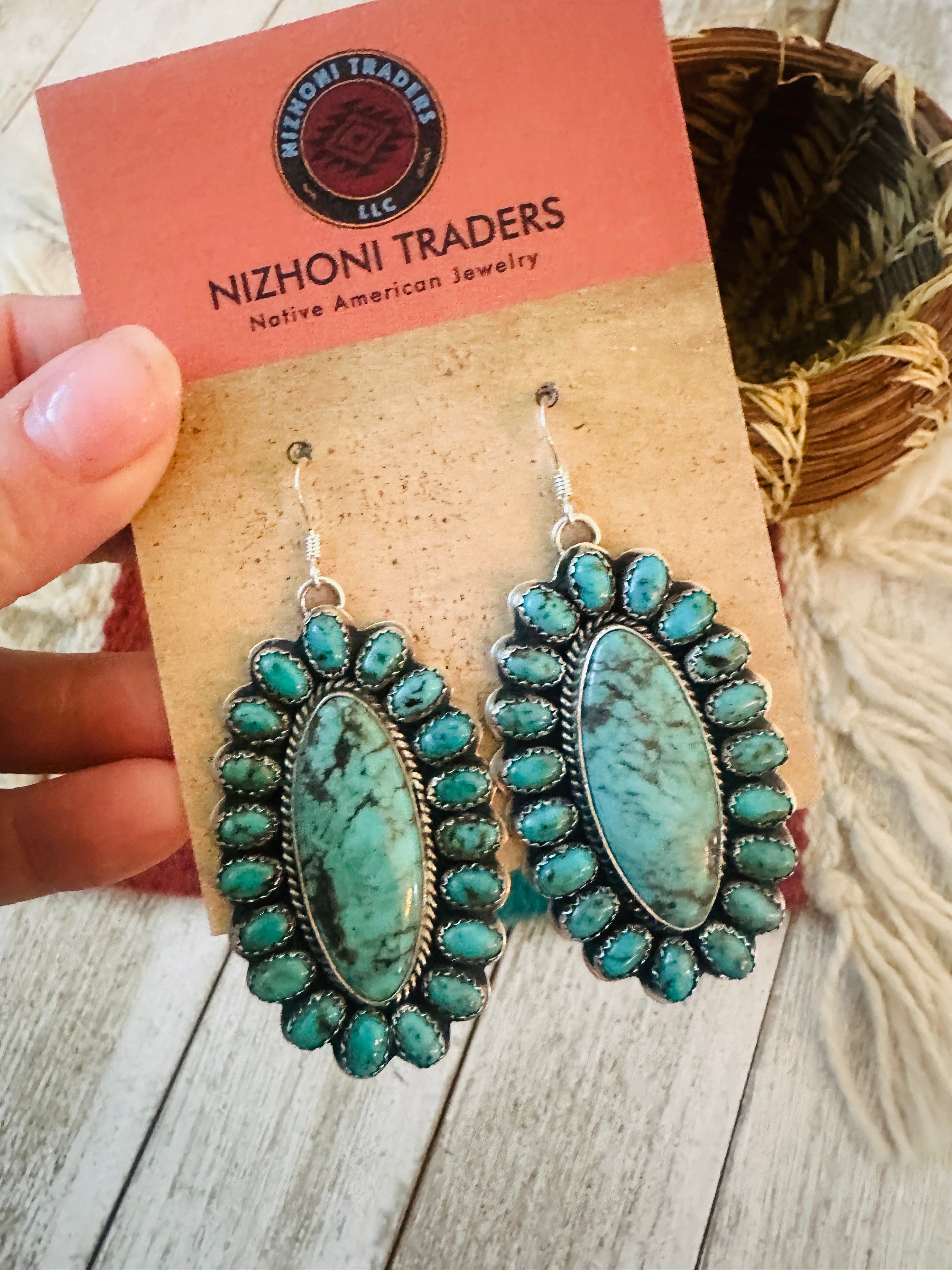 Navajo Sterling Silver & Turquoise Cluster Dangle Earrings