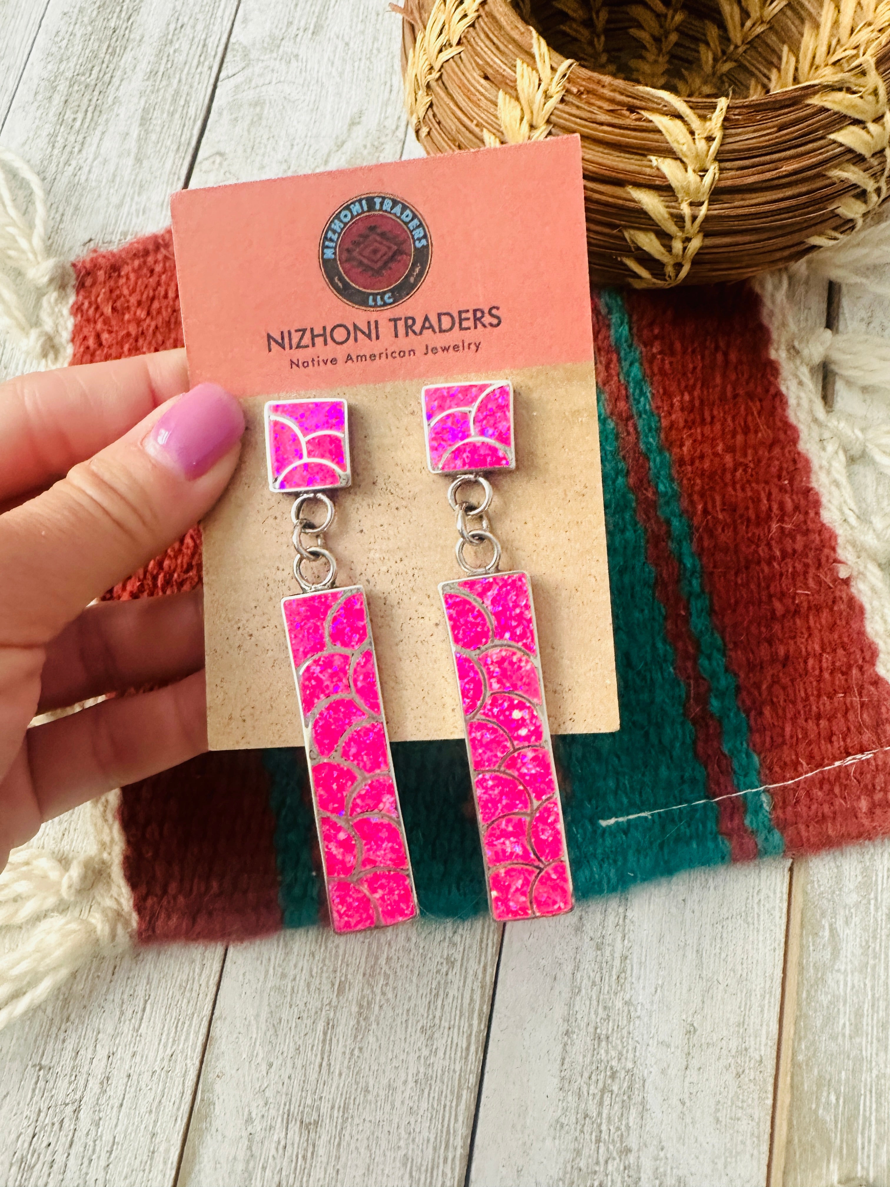 Handcrafted Sterling Silver & Pink Fire Opal Inlay Dangle Earrings