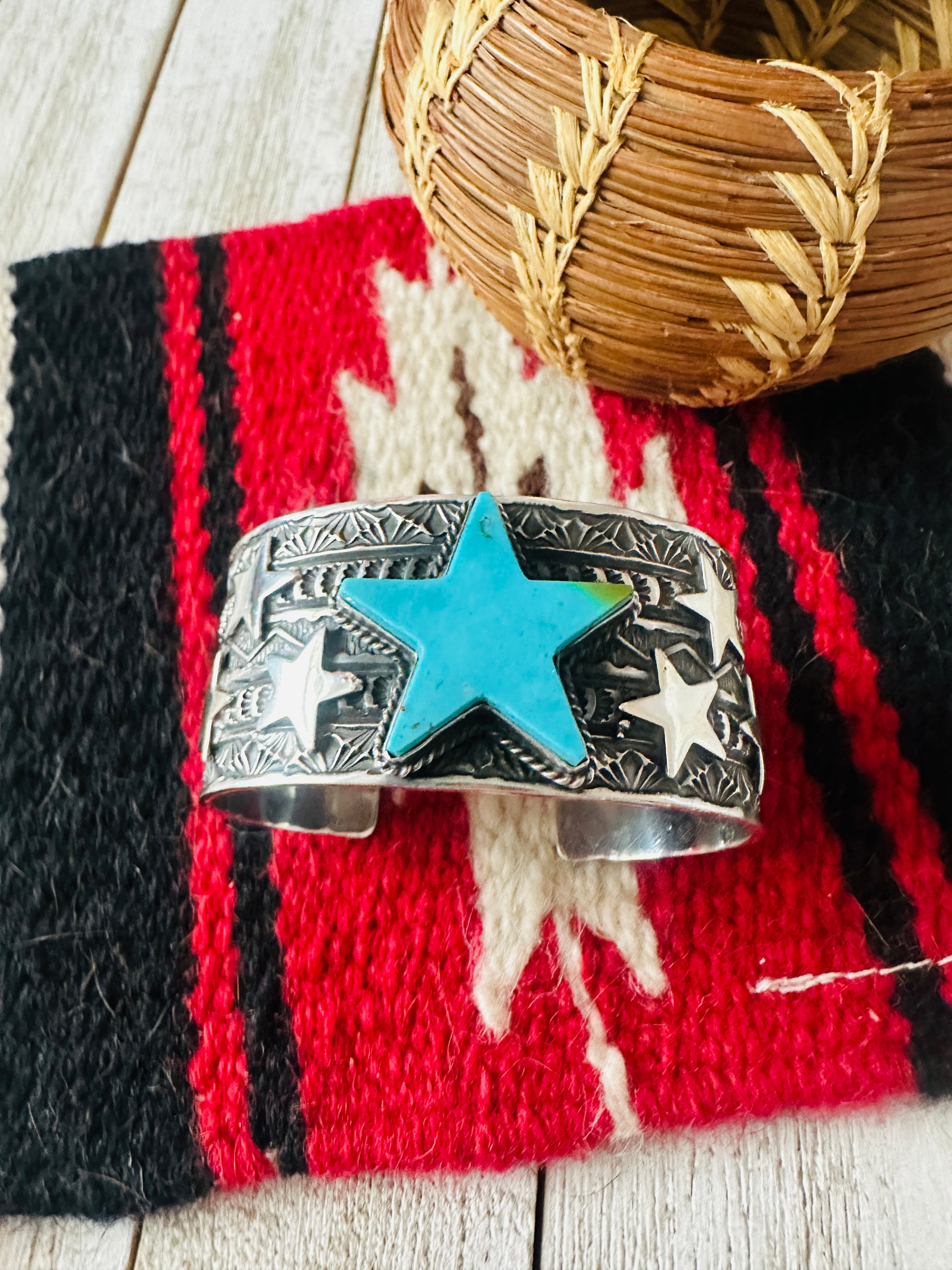 Navajo Turquoise & Sterling Silver Star Cuff Bracelet by Sunshine Reeves