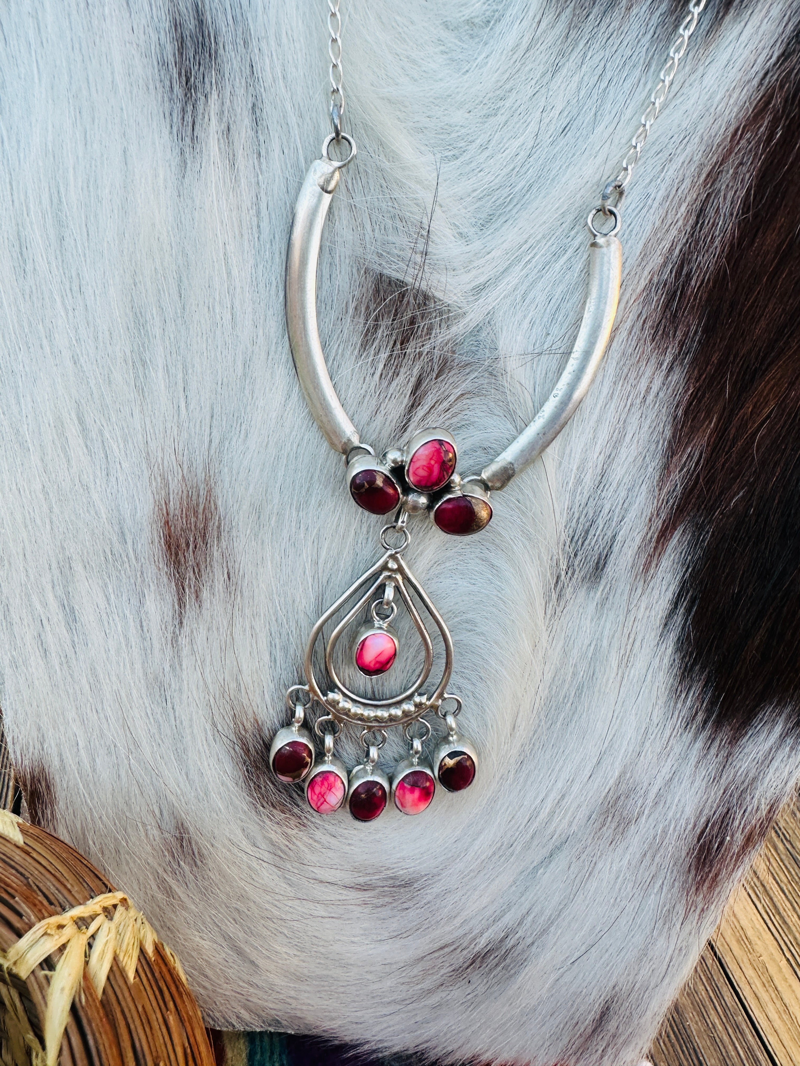 Handcrafted Rose Dahlia & Sterling Silver Chandelier Necklace by Pearlene Spencer