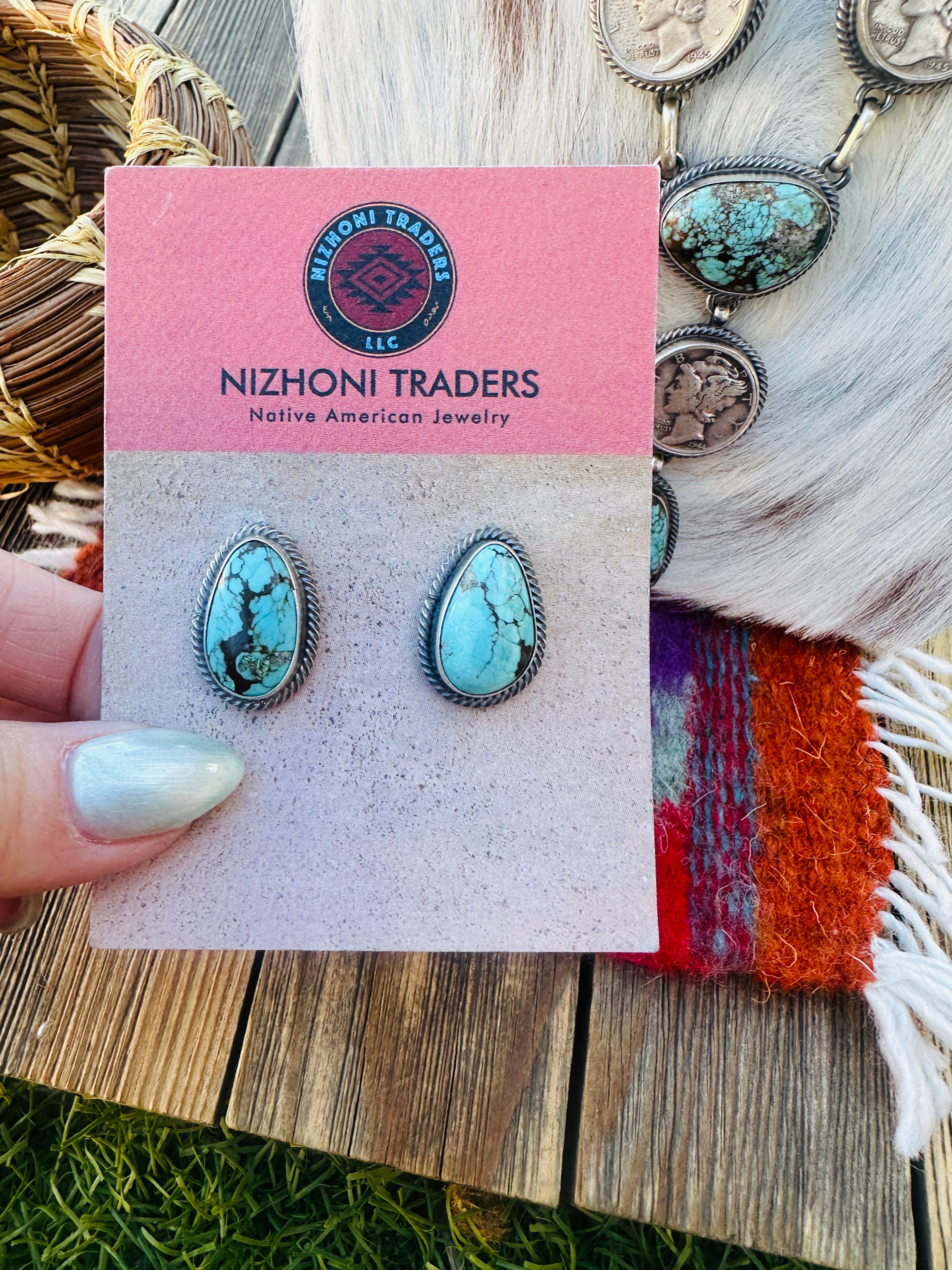 Handcrafted Turquoise & Sterling Silver Liberty Dime Necklace and Earrings Set